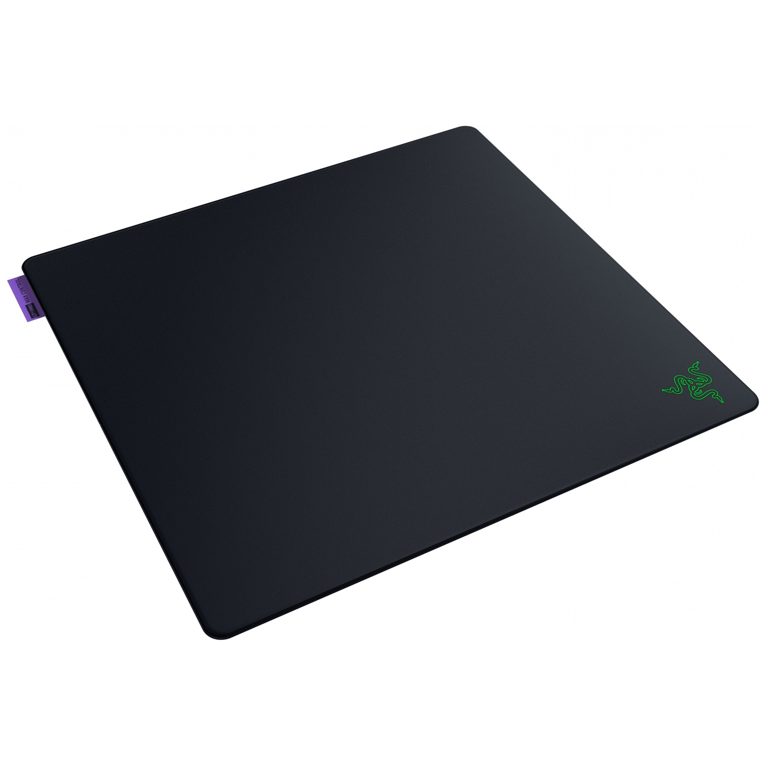 Een zwarte Razer-muismat met een groen logo op een witte achtergrond.