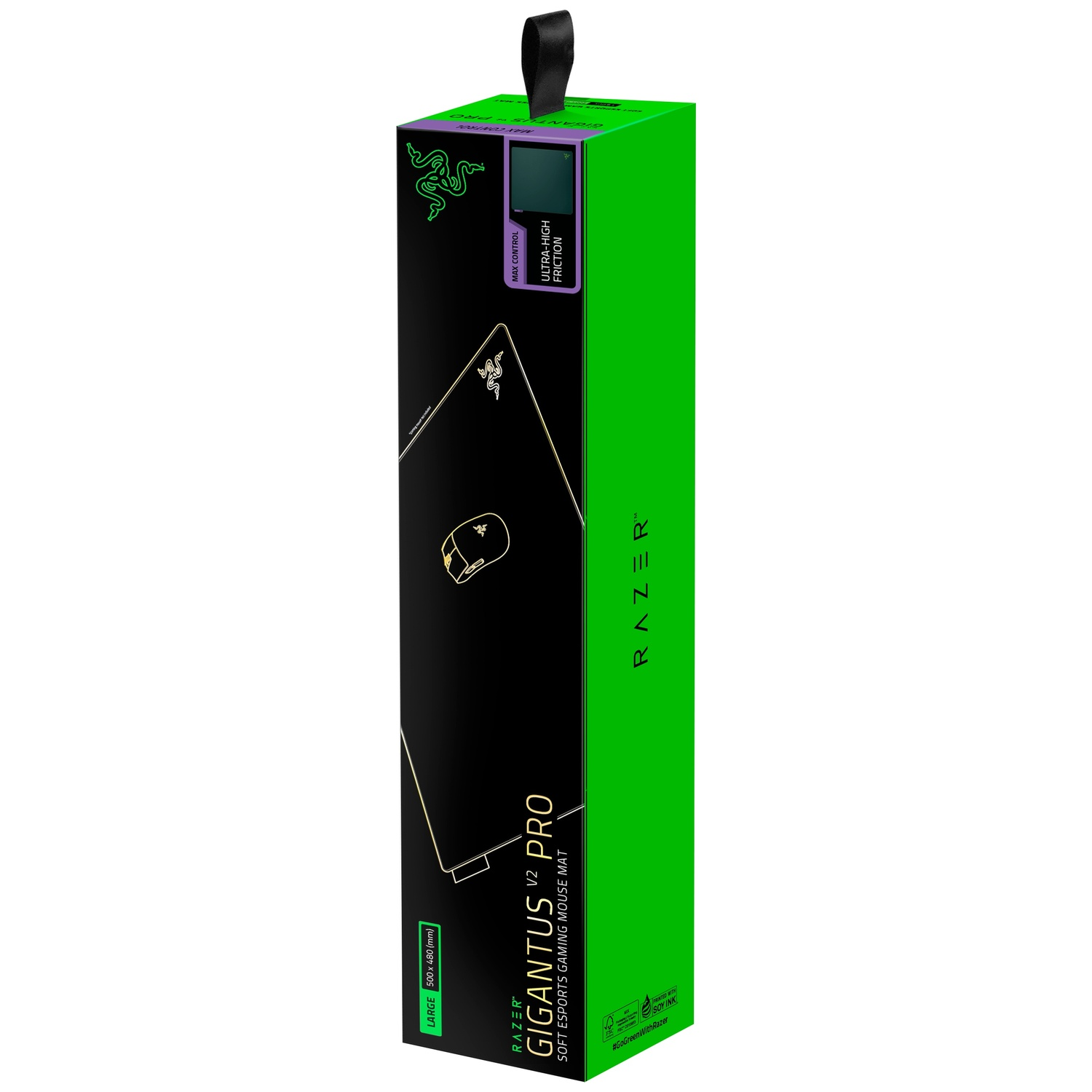 Verpakking van de Razer Gigantus V2 Pro gaming muismat in zwart en groen.