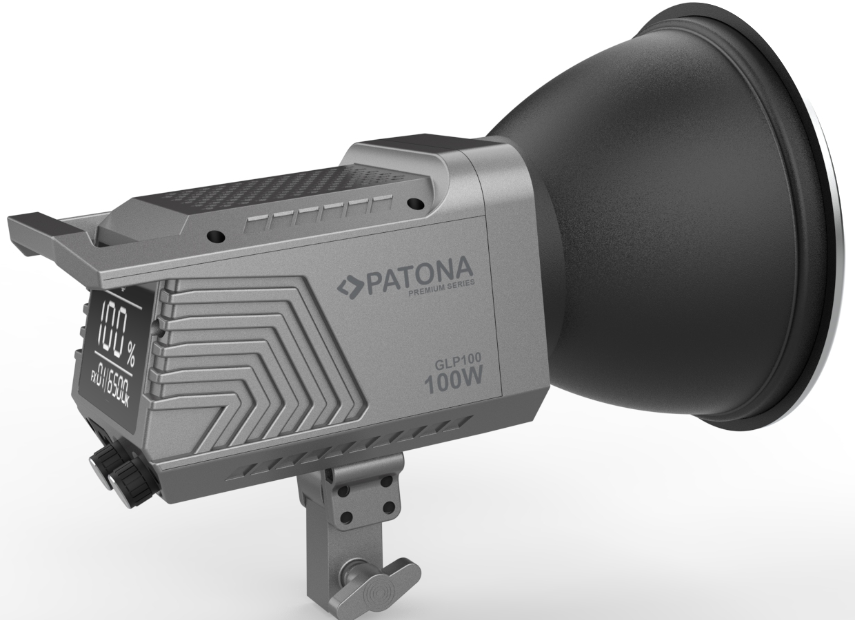 Torche vidéo grise PATONA GLP100 100W avec réflecteur noir sur pied sur fond blanc.