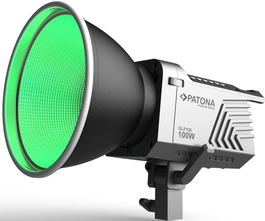Projecteur de studio Patona GLP100 100W avec grand réflecteur noir et lentille verte lumineuse.