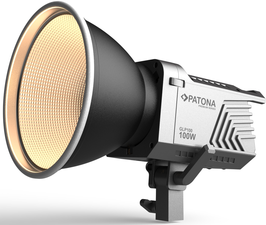 Une lampe vidéo Patona GLP100 100W argentée et noire avec un grand bol réflecteur et un support intégré.