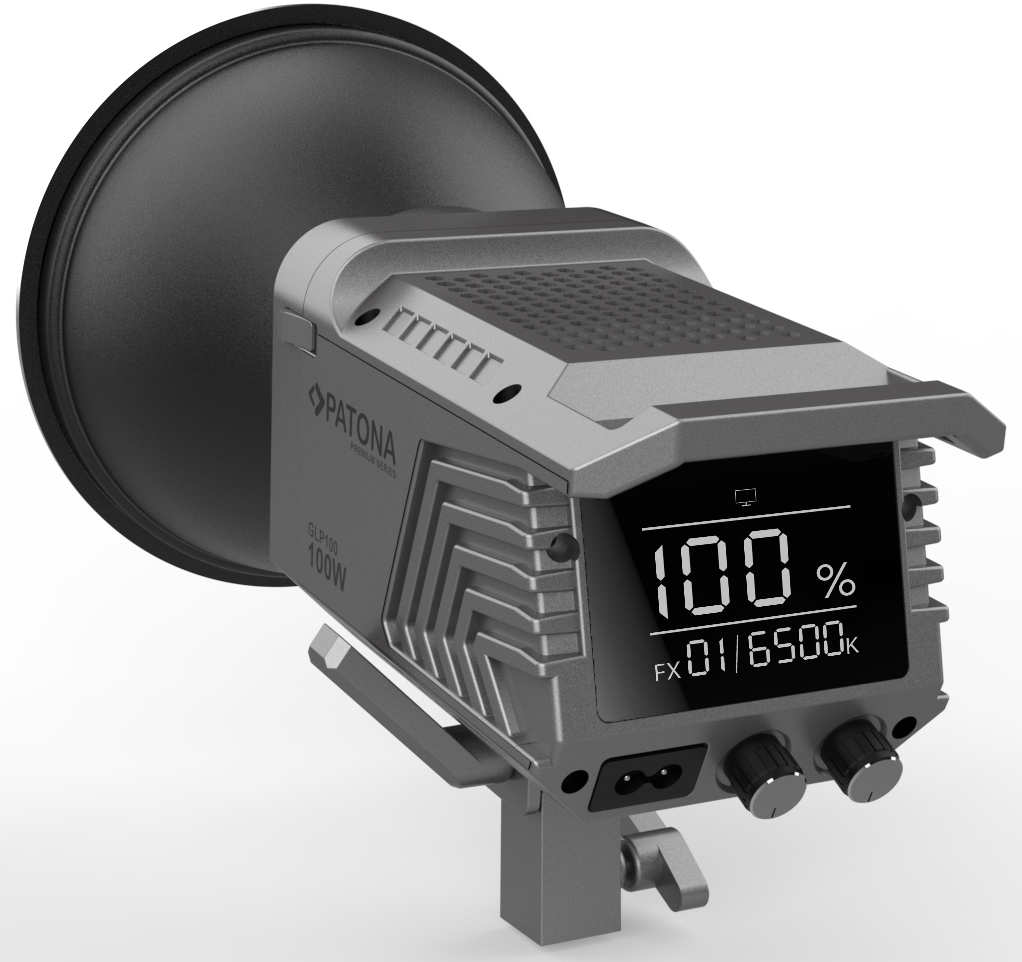 Lampe photo grise PATONA GLP100 avec grand réflecteur noir, écran numérique et boutons sur fond blanc.