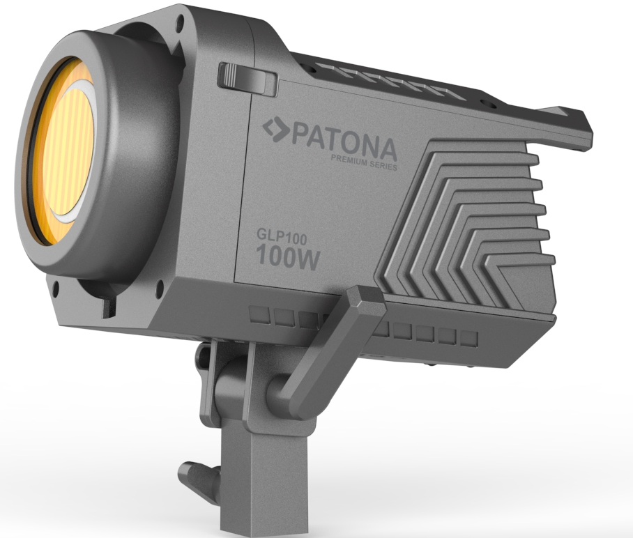 Torche LED vidéo grise PATONA GLP100 100W sur pied avec lentille jaune.