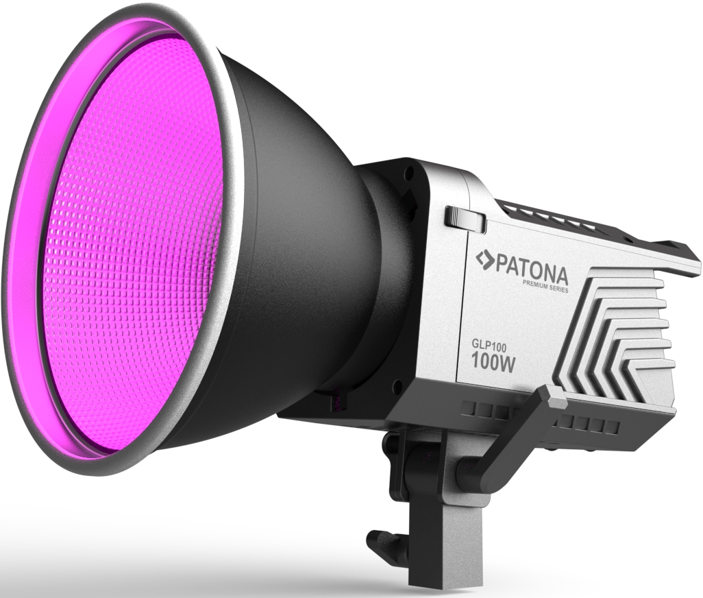Une lampe de studio Patona GLP100 100W avec une lentille rose vif sur pied sur fond blanc.