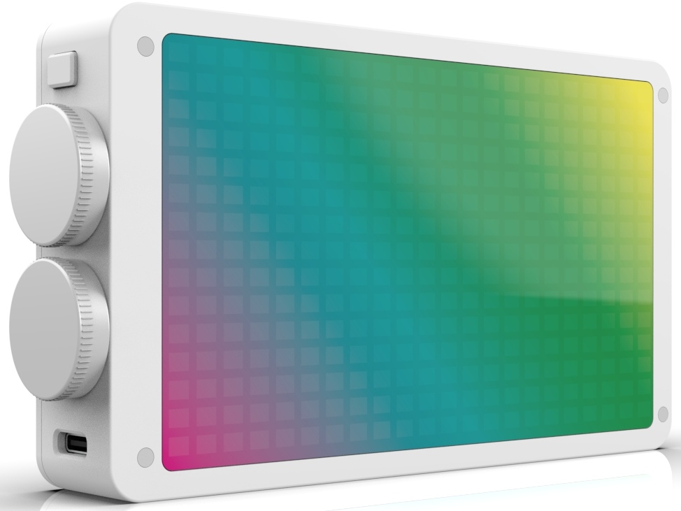 Un appareil électronique blanc avec deux cadrans, un port et un écran à grille aux couleurs vives.