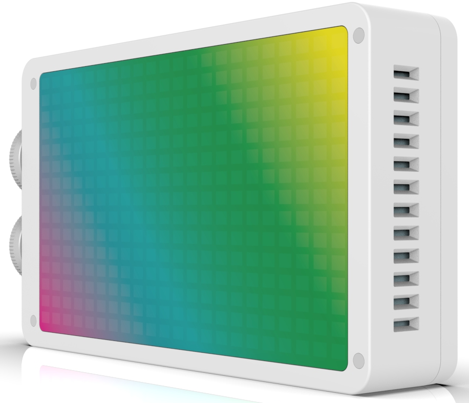 Un panneau LED blanc avec un dégradé coloré de bleu, vert, jaune et rose à l'avant et des fentes de ventilation.