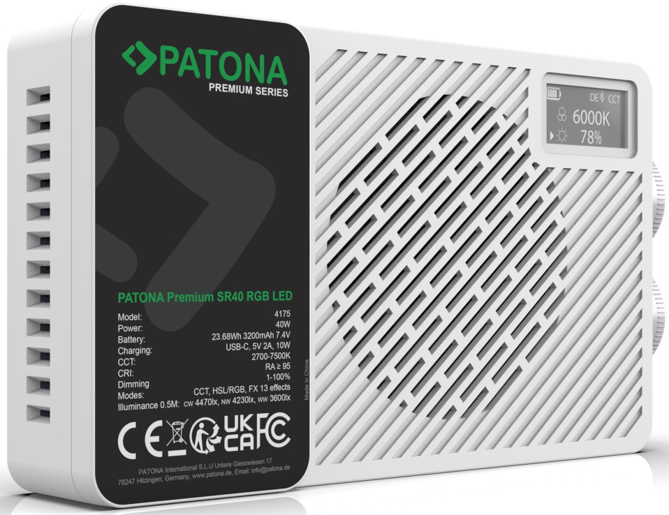Lampe LED RGB blanche PATONA Premium SR40 avec marquage noir, motif de grille et écran numérique.