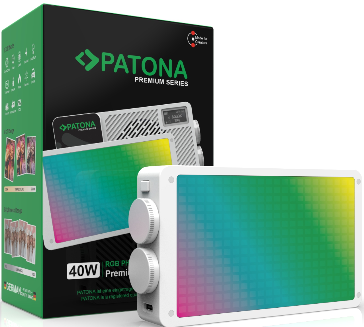 Lampe photo LED RGB Patona avec dégradé de couleurs et molettes devant l'emballage.