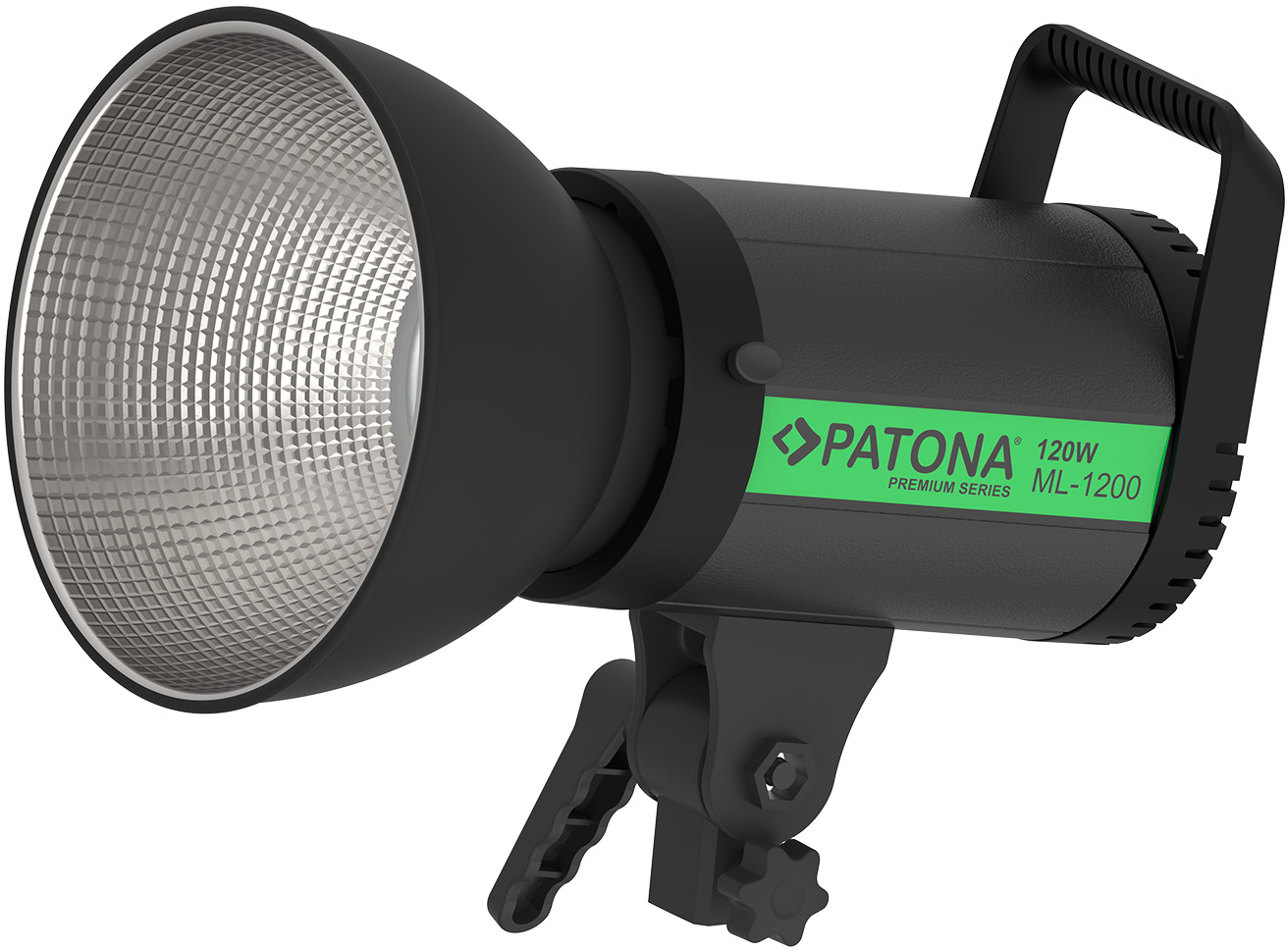 Lampe de studio noire Patona ML-1200 avec étiquette verte, réflecteur et poignée sur fond blanc.