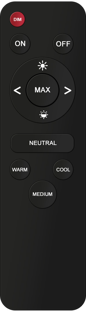 Une télécommande noire avec des boutons pour varier, marche, arrêt, max, neutre, chaud, froid et moyen.