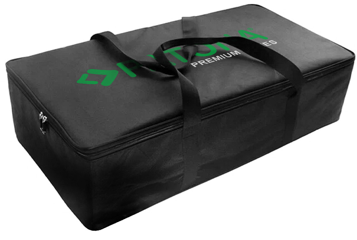 Un sac de transport noir avec des logos de marque verts et des poignées sur fond blanc.