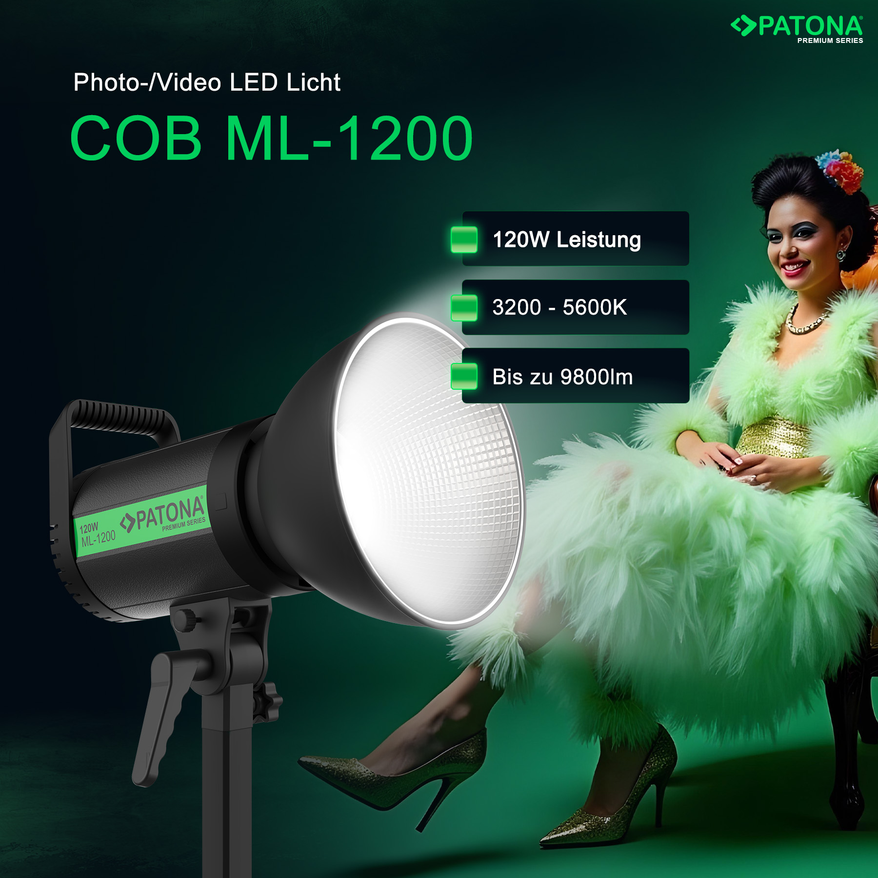 Lampe LED Patona COB ML-1200 de 120W, 3200-5600K et 9800lm, à côté d'un mannequin assis en vert.