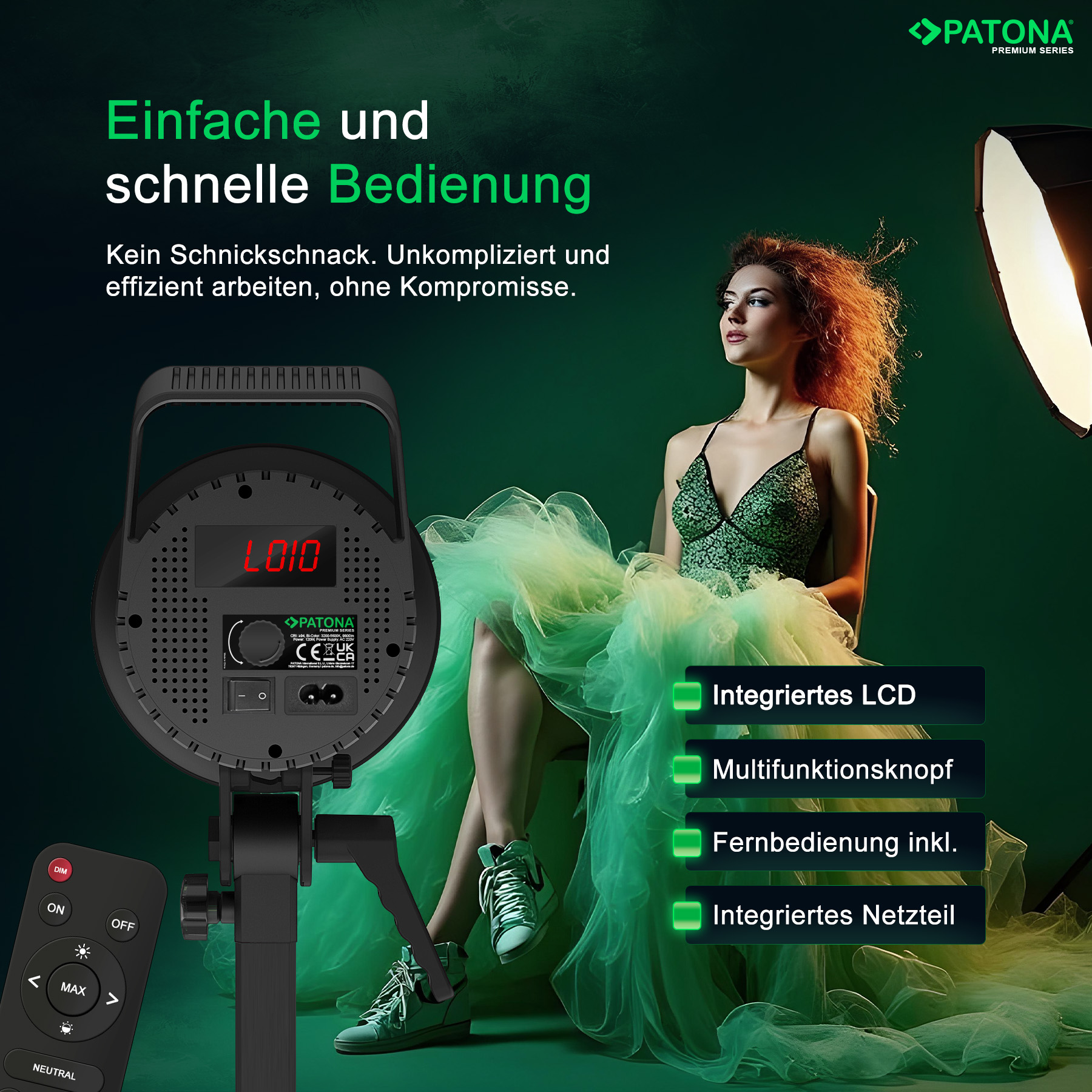 Lampe de studio Patona avec modèle en robe verte et étiquettes.