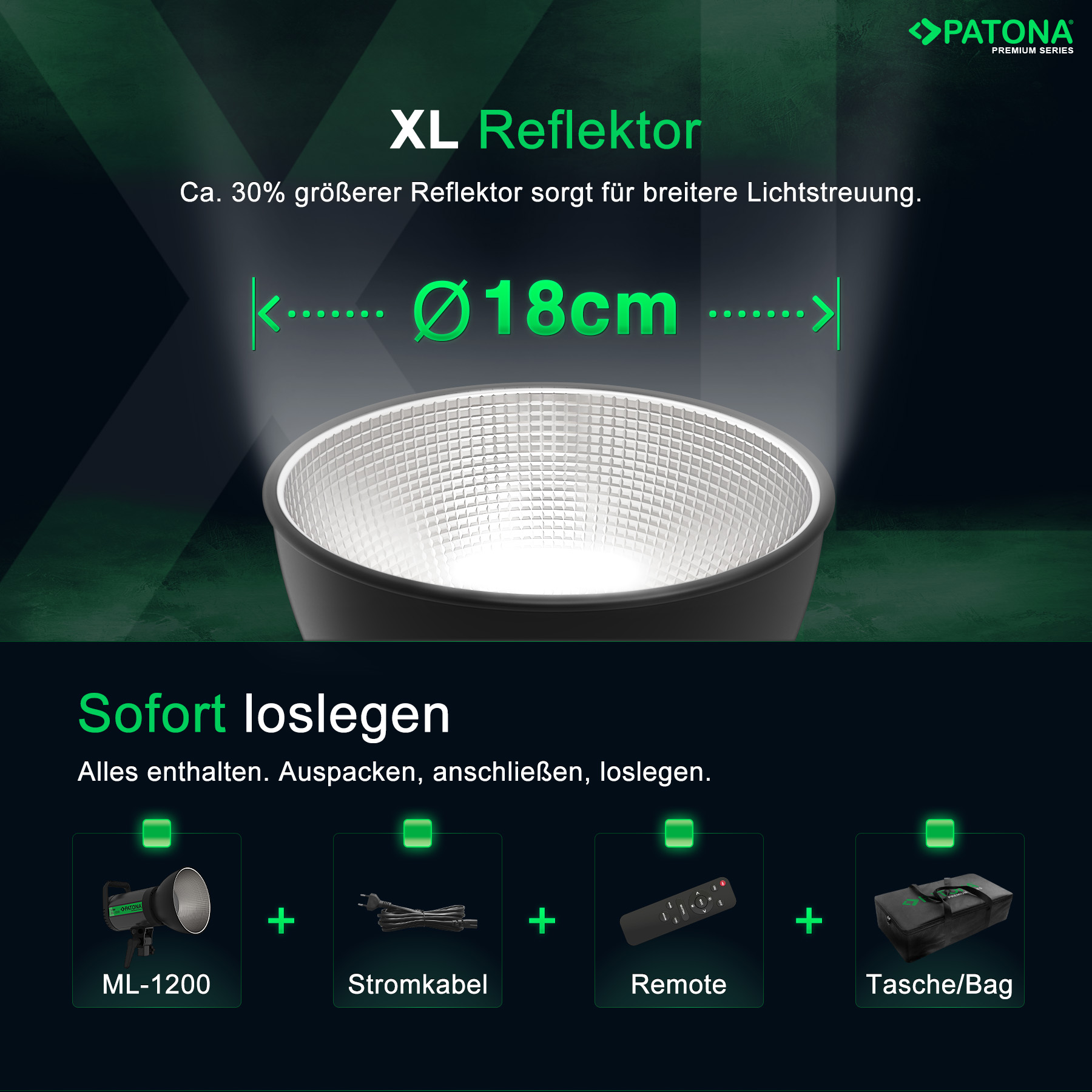 Réflecteur XL de 18 cm et kit ML-1200 avec câble, télécommande et sac.