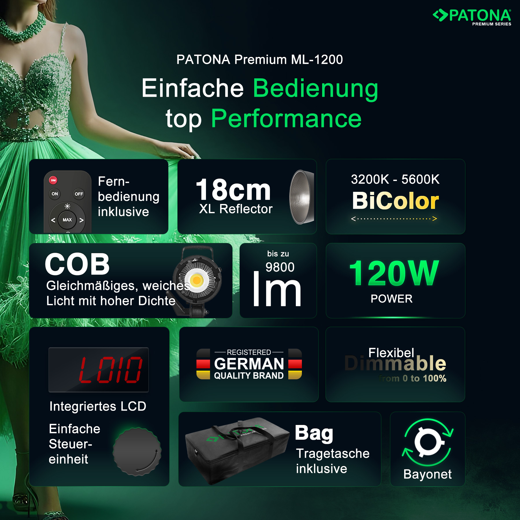 Publicité pour la lumière LED PATONA Premium ML-1200 avec télécommande, puissance de 120W et écran LCD.
