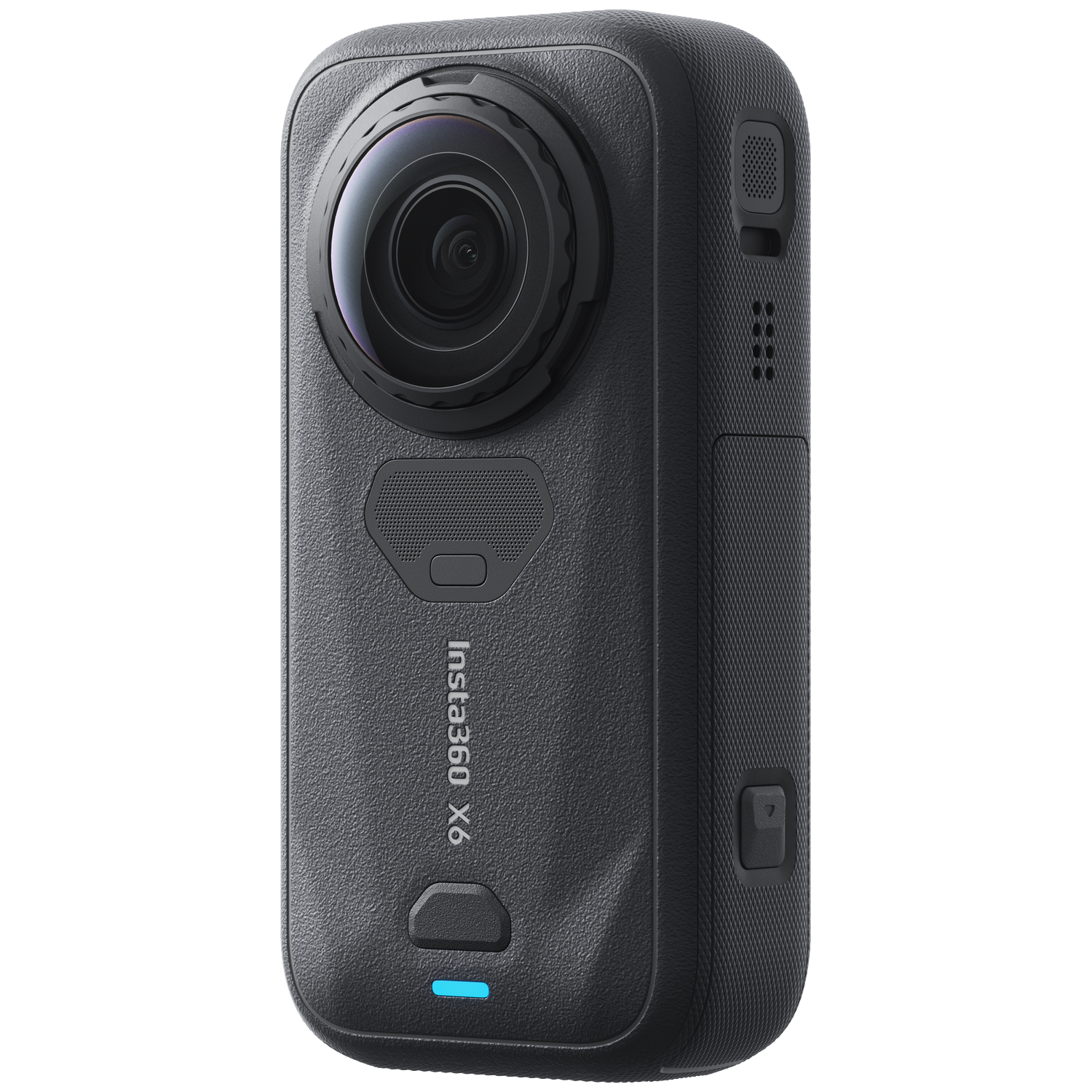 Zwarte Insta360 X4 actioncam op een zwarte achtergrond, met een prominente ronde lens.