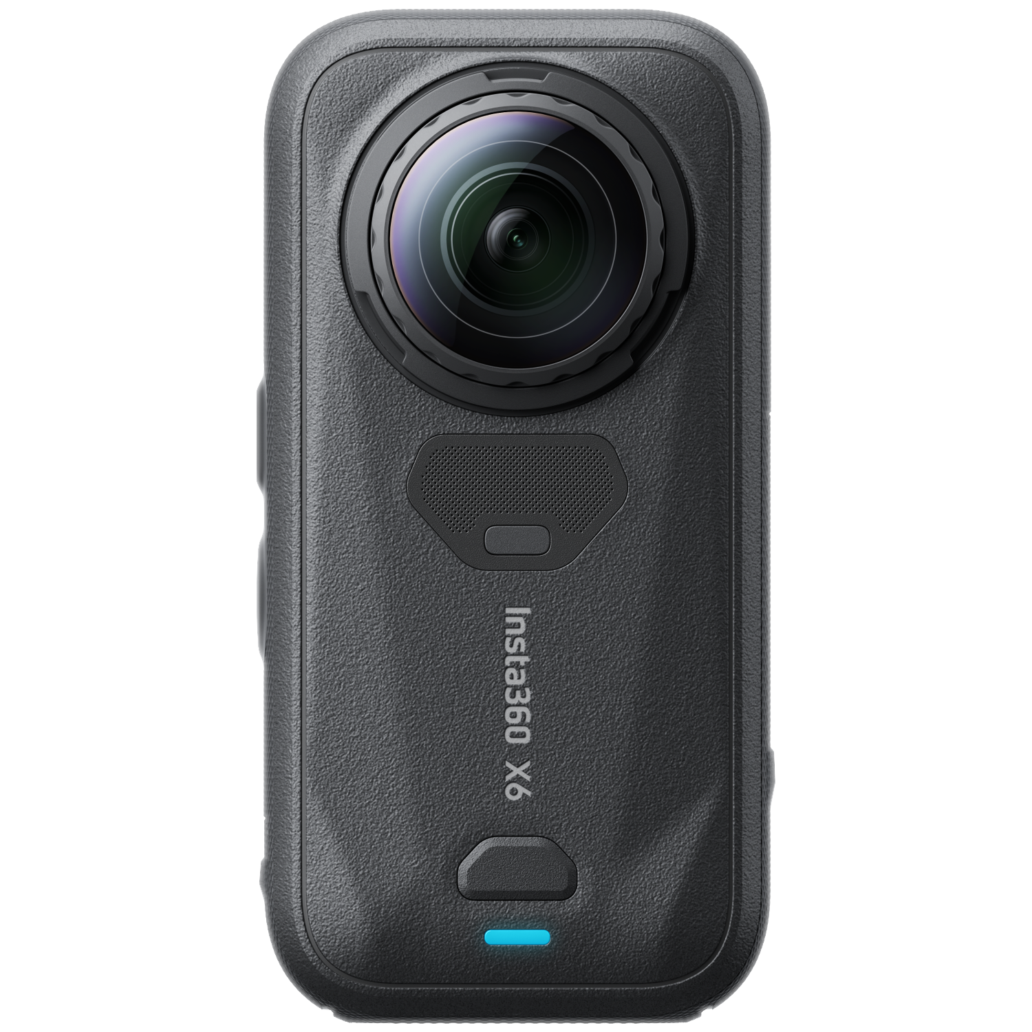 Vooraanzicht van een zwarte Insta360 X6 actiecamera met een grote bolvormige lens en blauw indicatielampje.