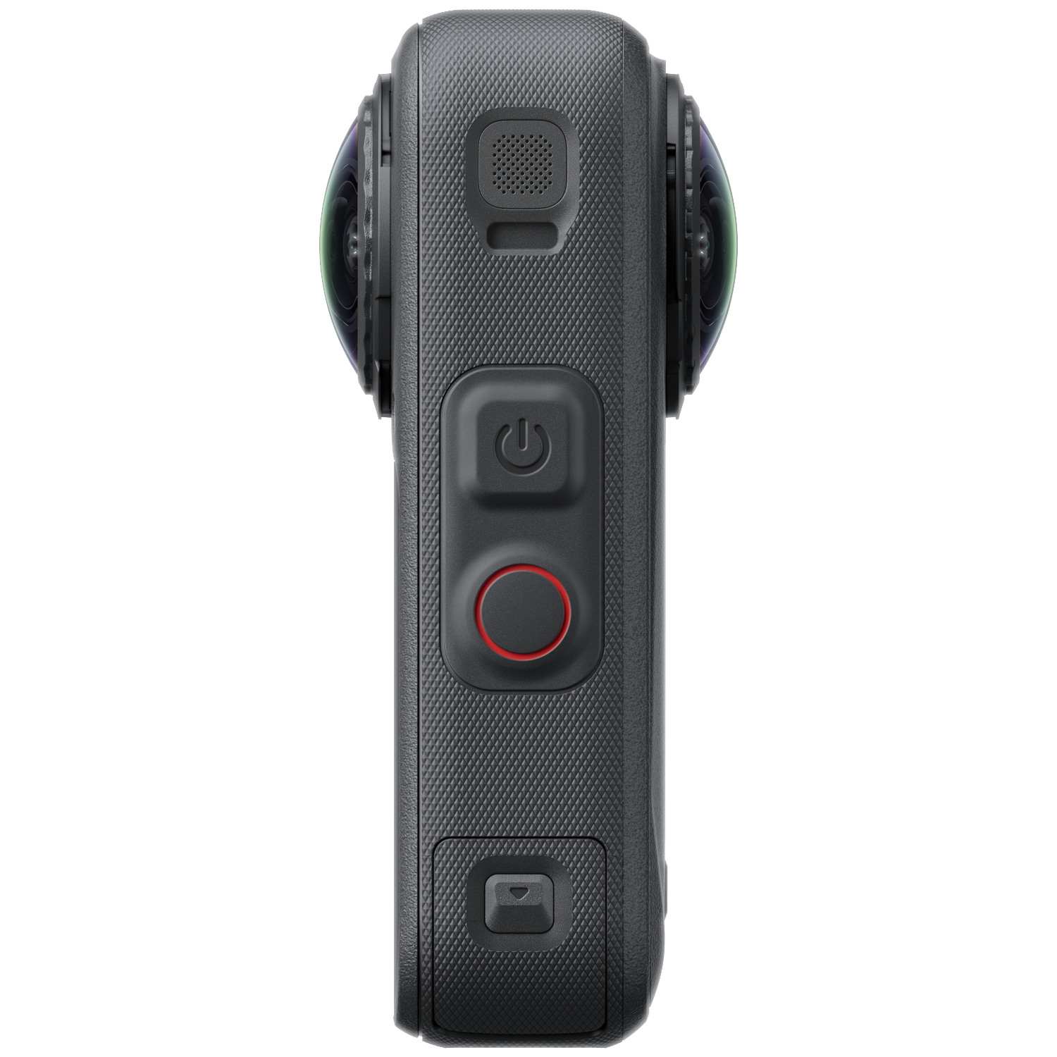 Zwarte 360-graden camera met dubbele lenzen, aan/uit-knop en rode opnameknop tegen een donkere achtergrond.