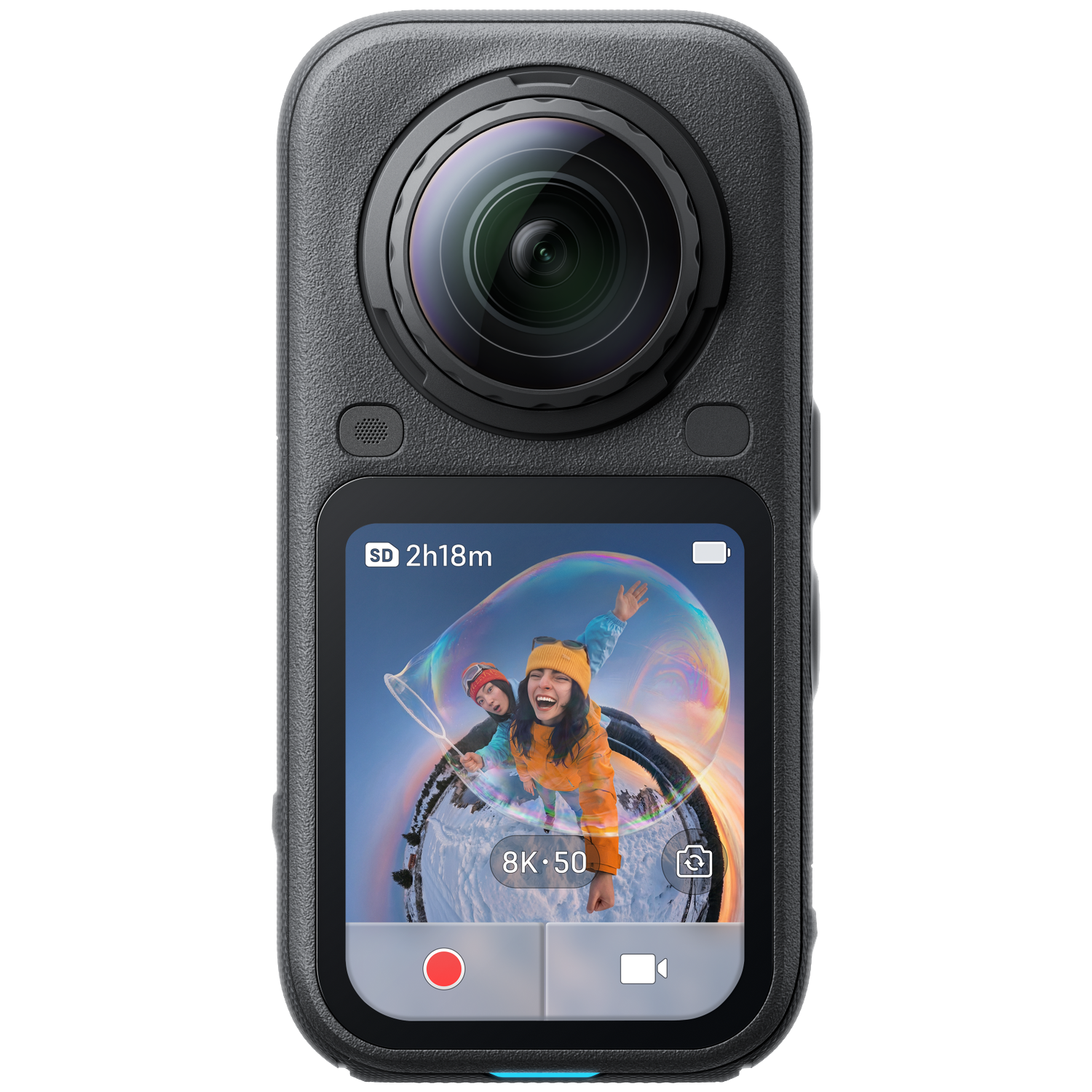 Zwarte actioncam met grote ronde lens en touchscreen waarop twee mensen in een reusachtige zeepbel te zien zijn.