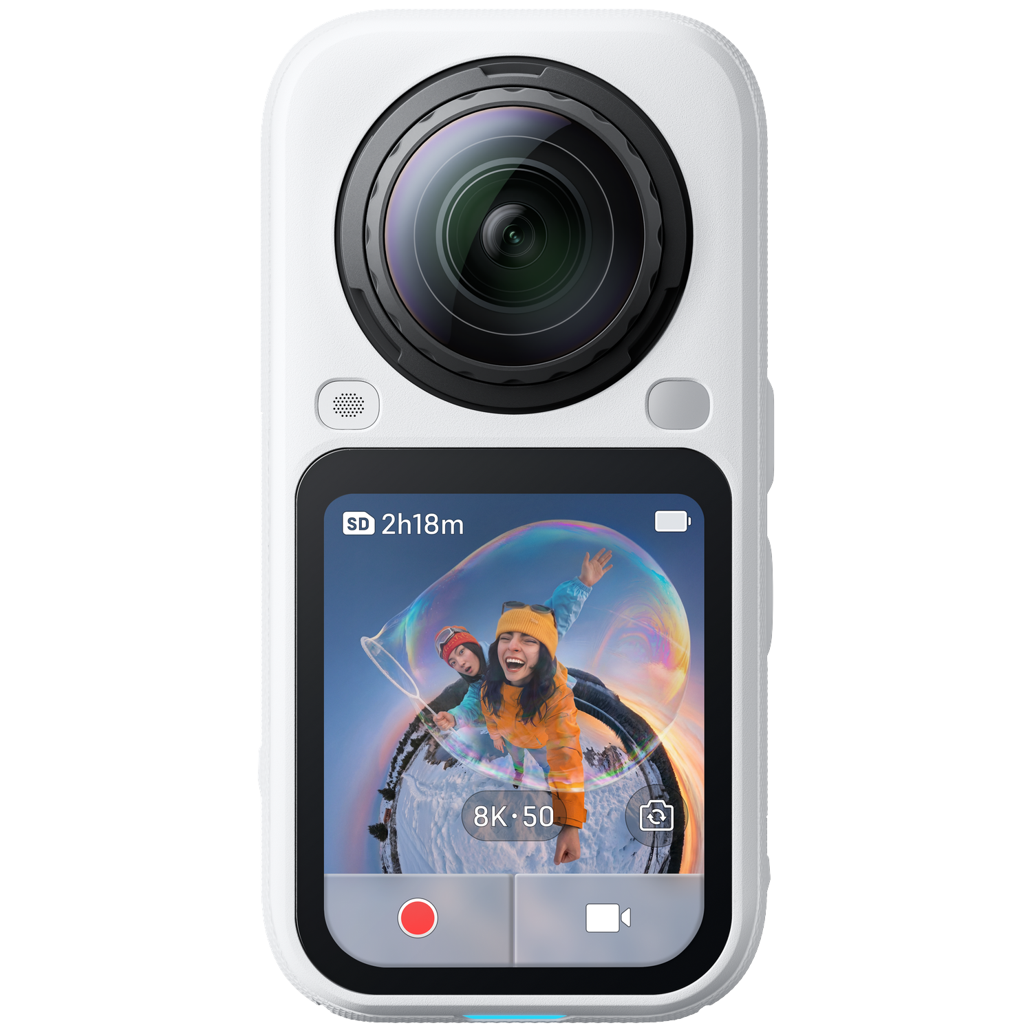 Witte 360-graden camera met een grote lens en een scherm dat een vrolijke scène met twee vrouwen toont.