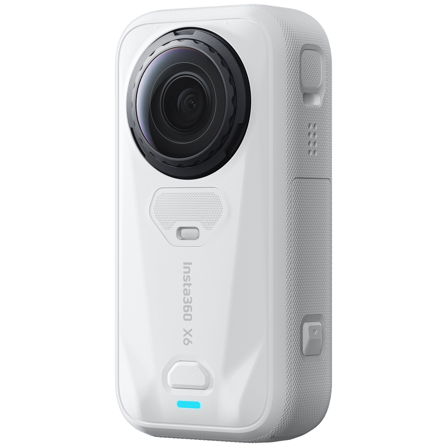 Een witte Insta360 X6 actiecamera op een zwarte achtergrond met een groot rond lens.