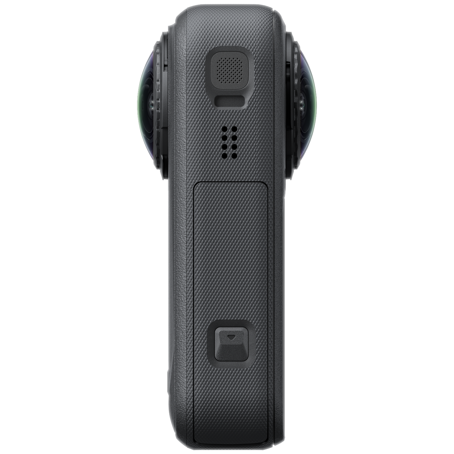 Een zwarte 360-graden camera met een getextureerde body tegen een zwarte achtergrond.