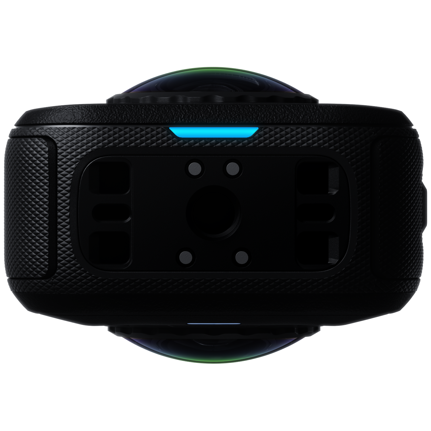 Een zwarte 360-graden camera met een getextureerde behuizing en een felblauwe led-lamp aan de voorkant.
