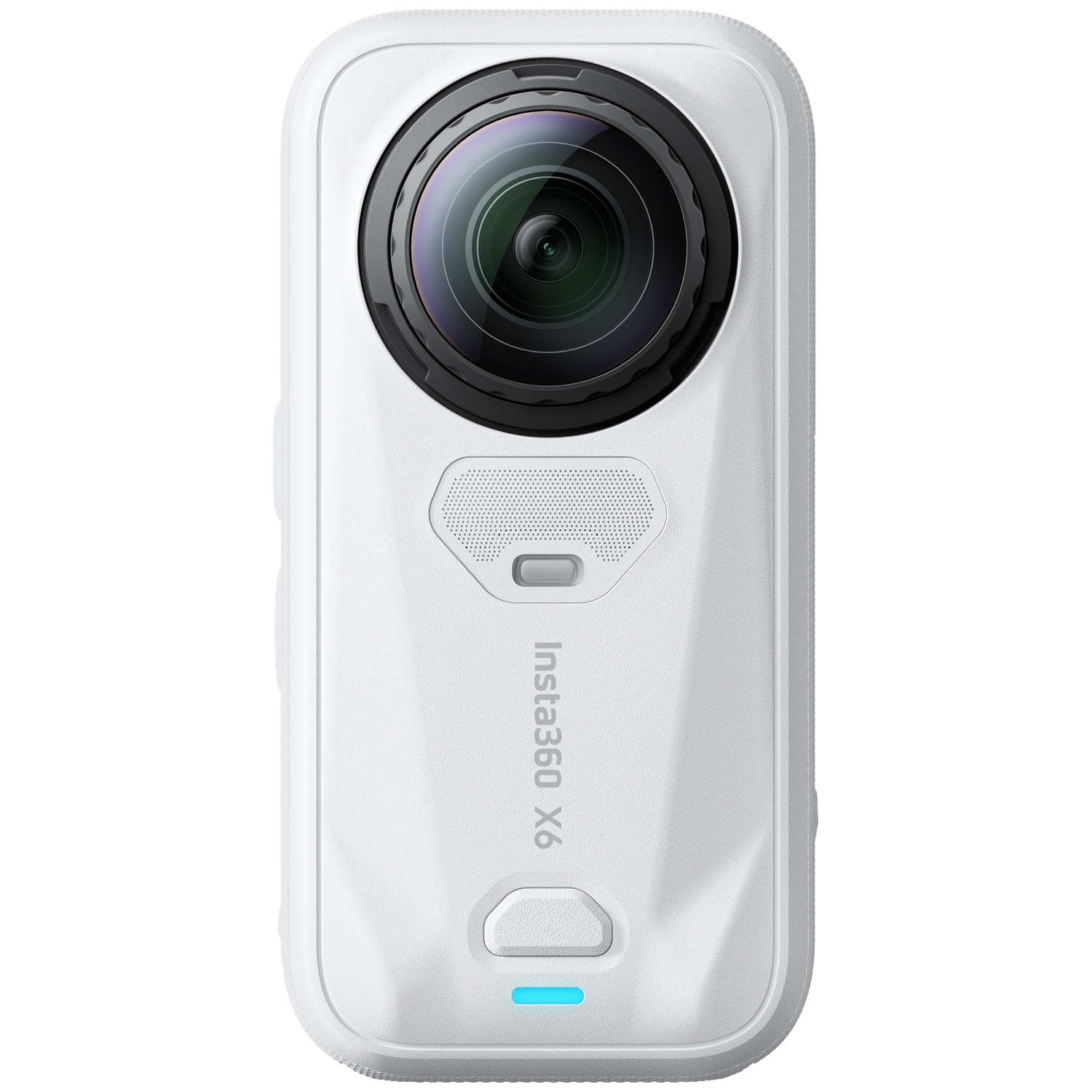 Een witte Insta360 X6 360-graden camera met een grote ronde lens aan de voorkant.