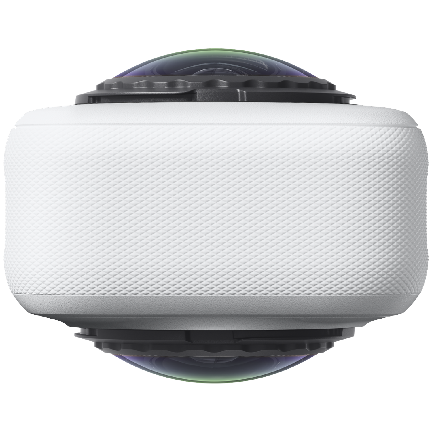 Een wit cilindrisch apparaat met getextureerde grip en dubbele fisheye-cameralenzen boven en onder.