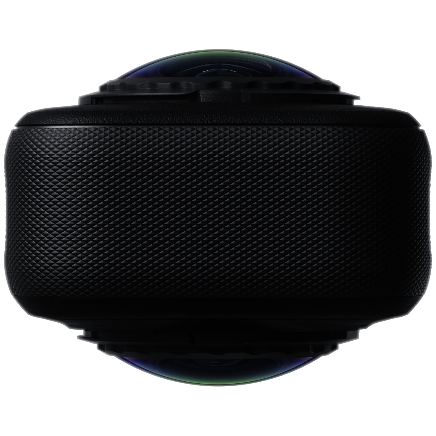 Een zwarte 360-gradencamera met gestructureerde body en fisheye-lenzen boven en onder tegen een zwarte achtergrond.