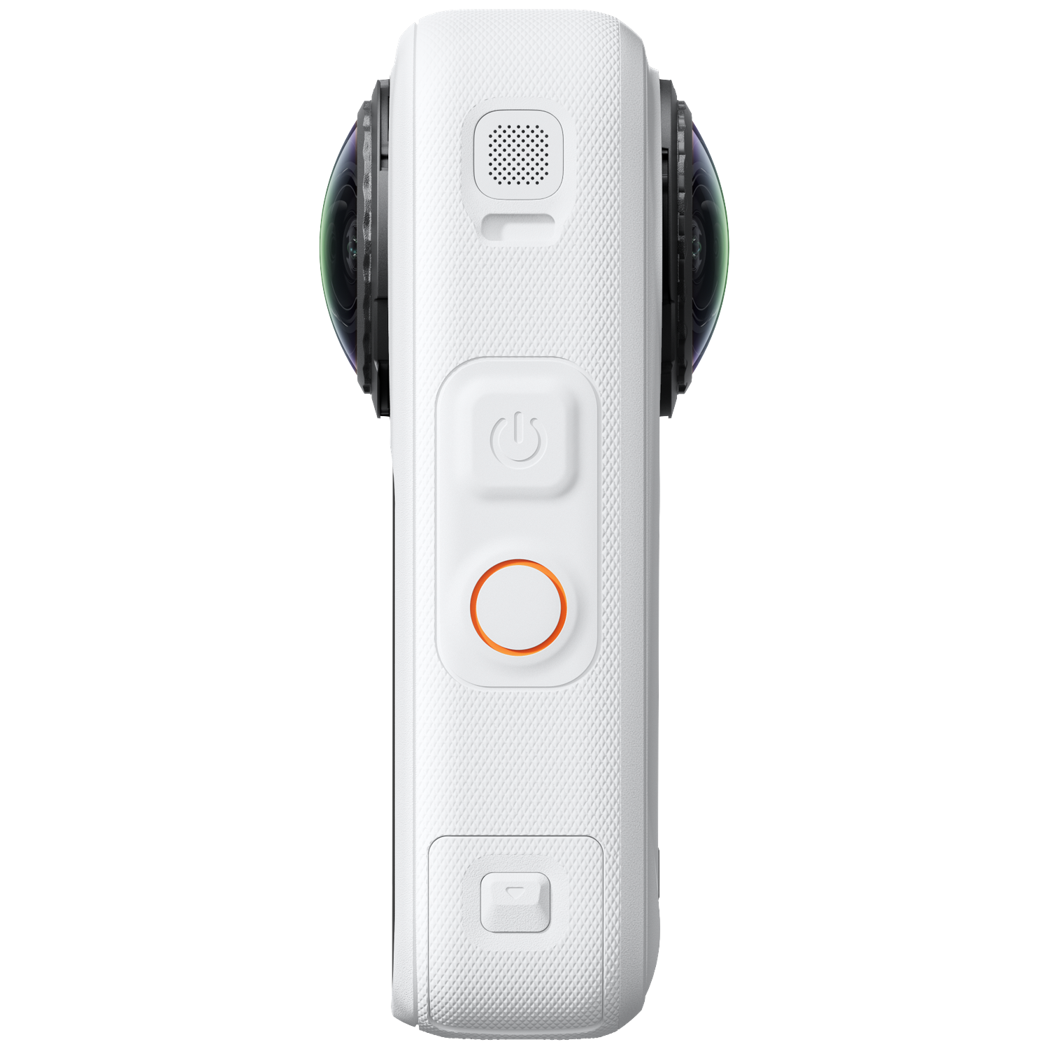 Een witte 360-camera met dubbele fisheye-lenzen, aan/uit-knop, oranje ontspanner en luidsprekergrille op een zwarte achtergrond.