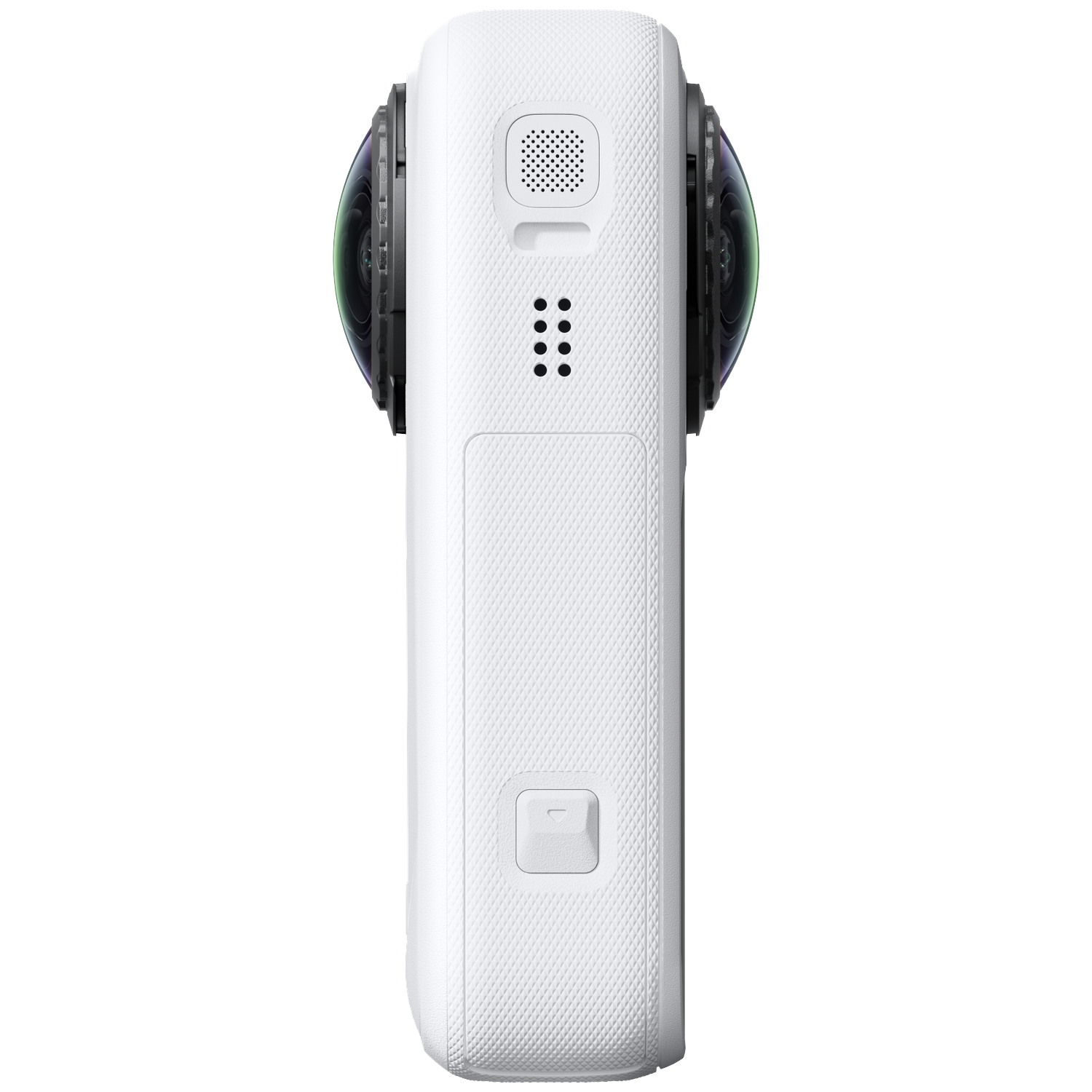 Een witte 360-graden camera met dubbele fisheye-lenzen, getextureerde grip en luidsprekergaten tegen een zwarte achtergrond.