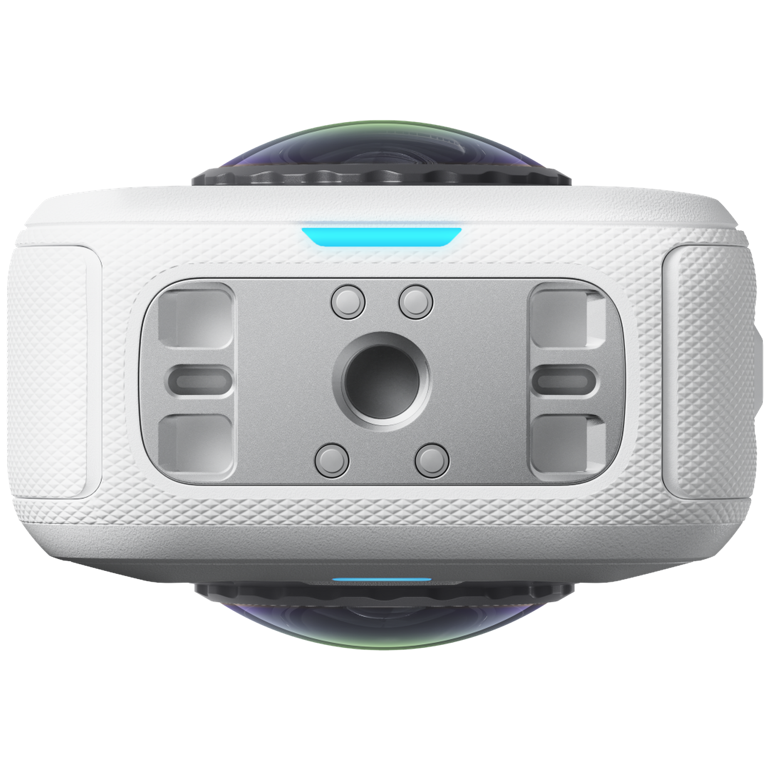 Witte 360-graden camera met bolvormige lenzen boven en onder en een zilveren metalen plaat in het midden.