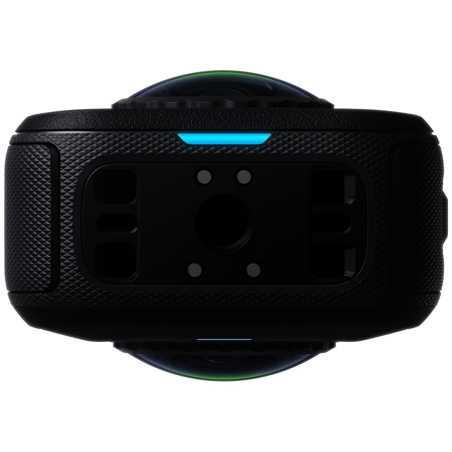 Onderaanzicht van een zwarte 360-graden camera met blauw LED-lampje.