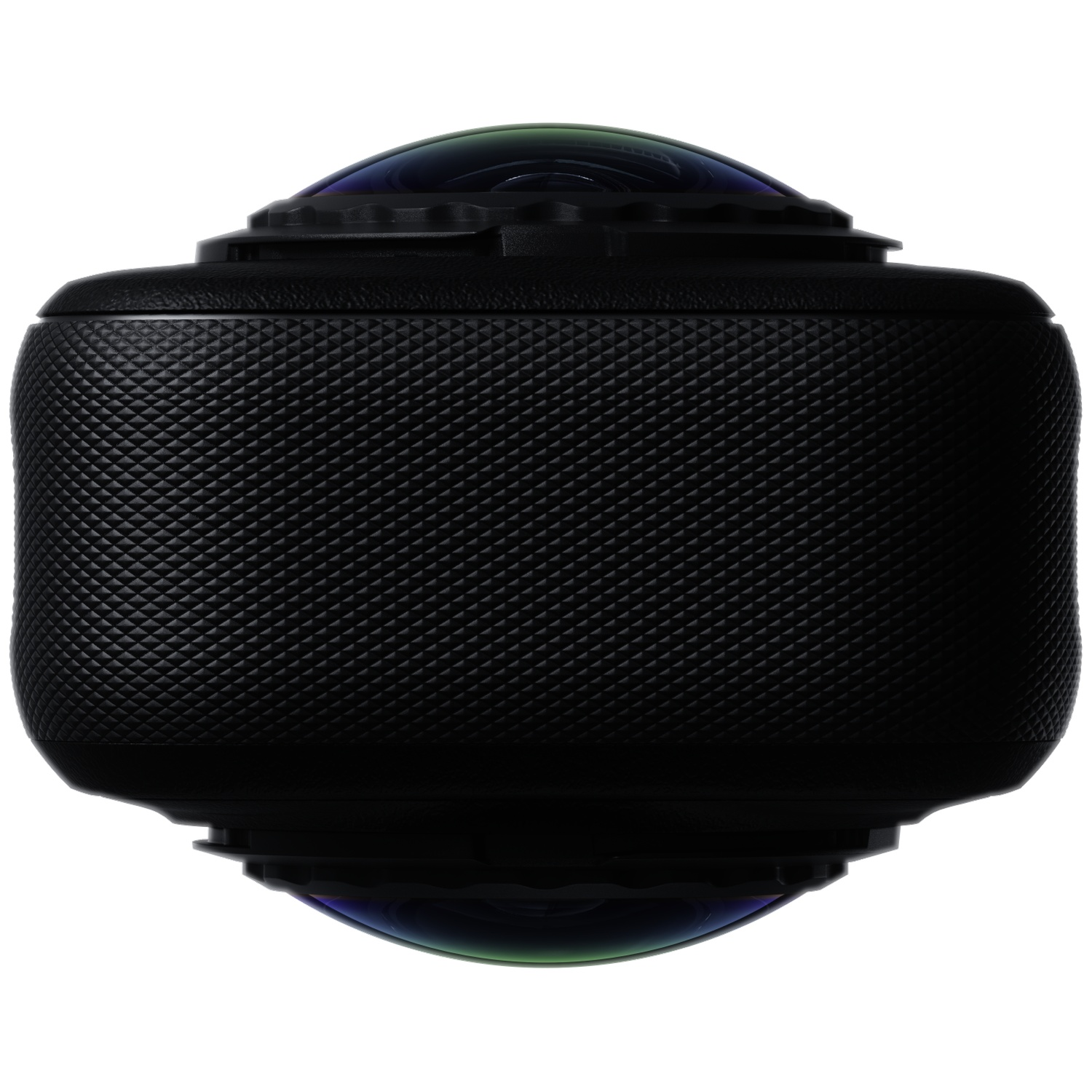 Een zwarte 360-graden camera met een gestructureerde behuizing en sferische lenzen boven en onder tegen een witte achtergrond.