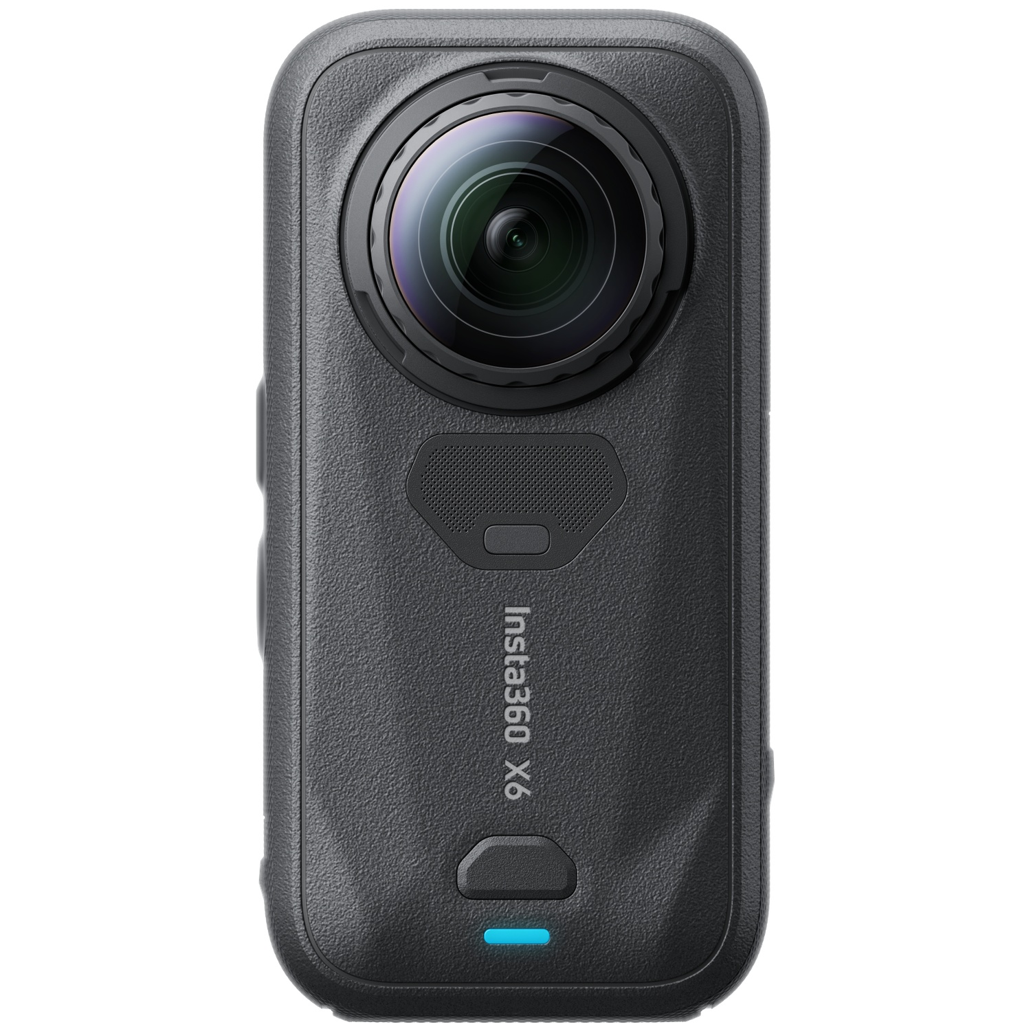 Een zwarte Insta360 X3 actiecamera met een ronde lens en getextureerde behuizing op een witte achtergrond.