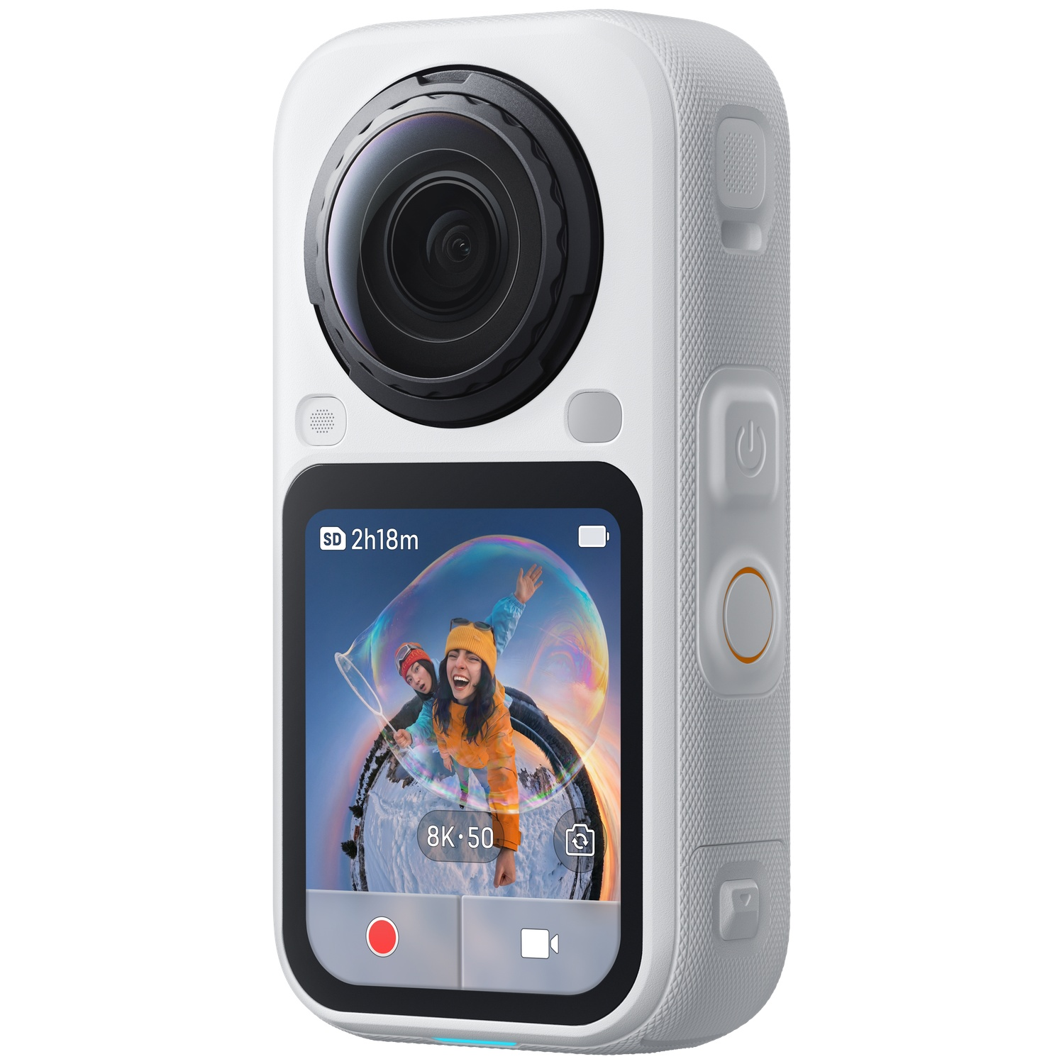 Witte 360-graden camera met scherm aan de voorkant met twee mensen in een zeepbel.