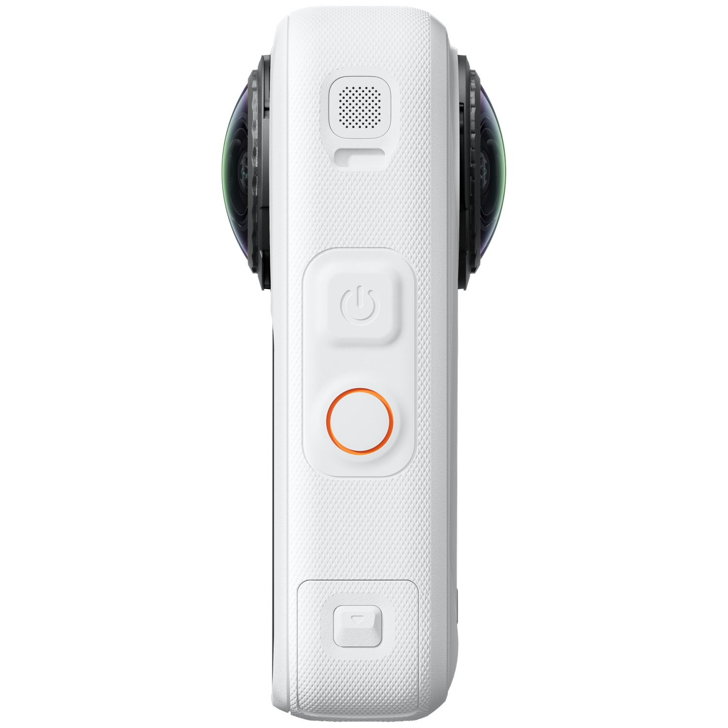 Een witte 360-graden camera met twee fisheye-lenzen, een aan/uit-knop en een ronde ontspanknop aan de voorkant.