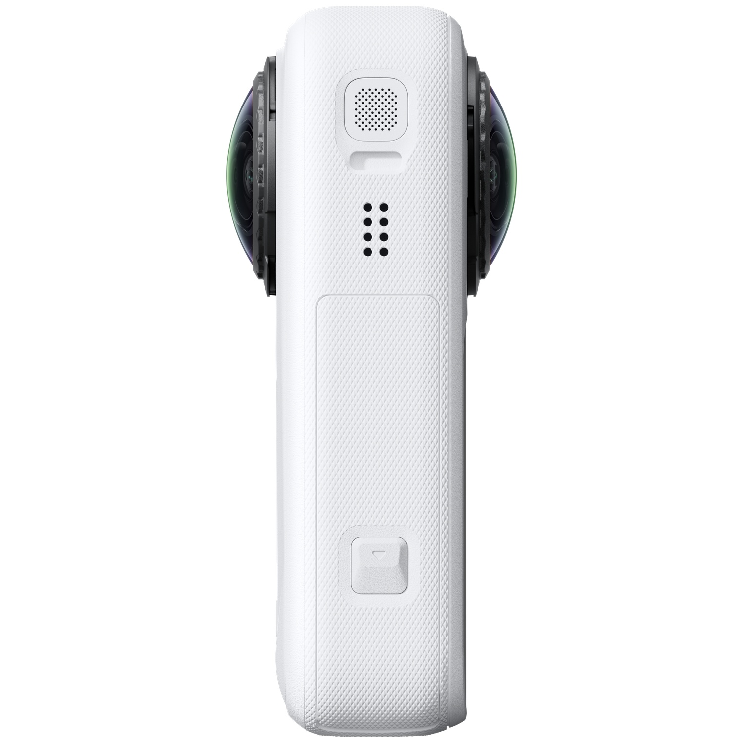 Witte 360-graden camera met fisheye-lenzen aan beide kanten, geïsoleerd op een witte achtergrond.