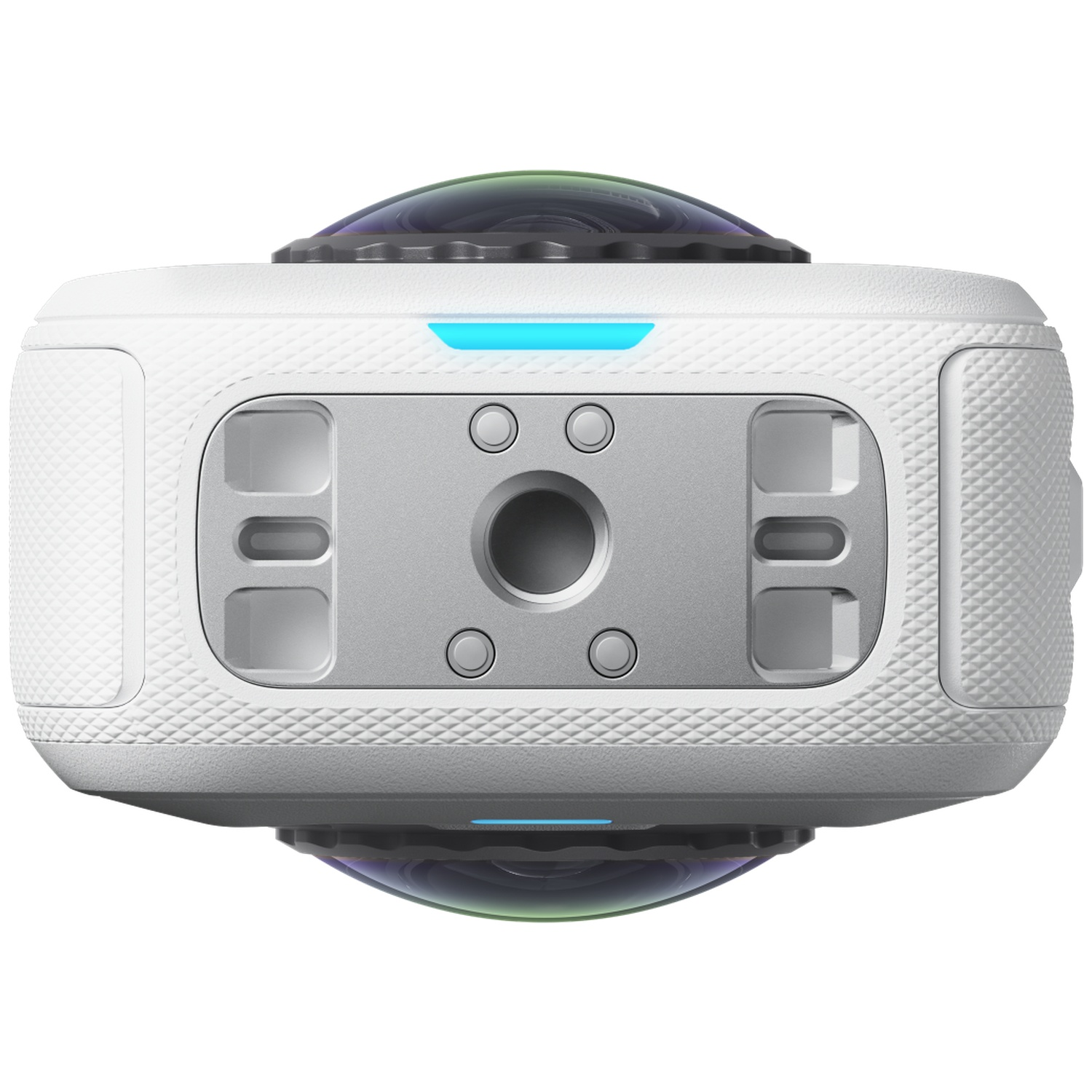 Witte 360-graden camera met dubbele lenzen en een zilveren montageplaat op een witte achtergrond.