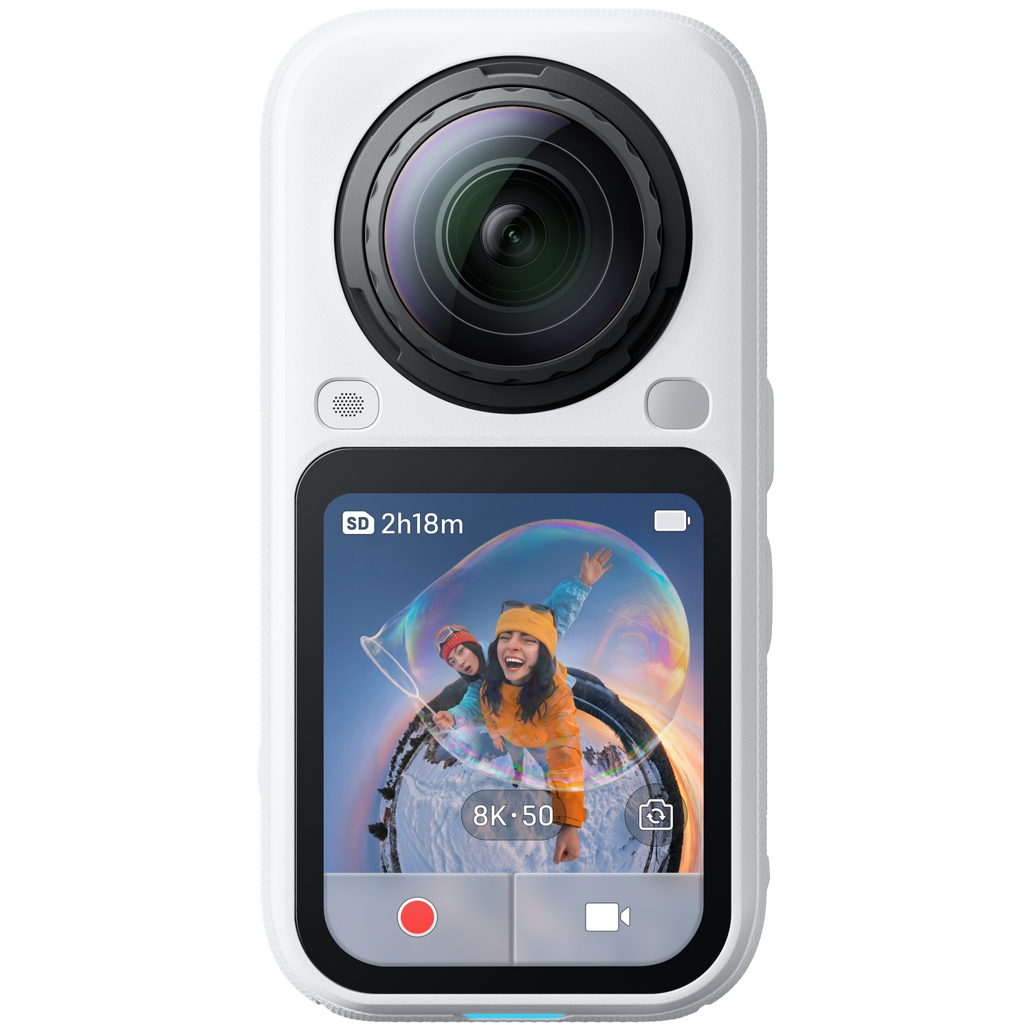Witte actiecamera met grote lens en touchscreen met twee luid lachende mensen in een bubbel.