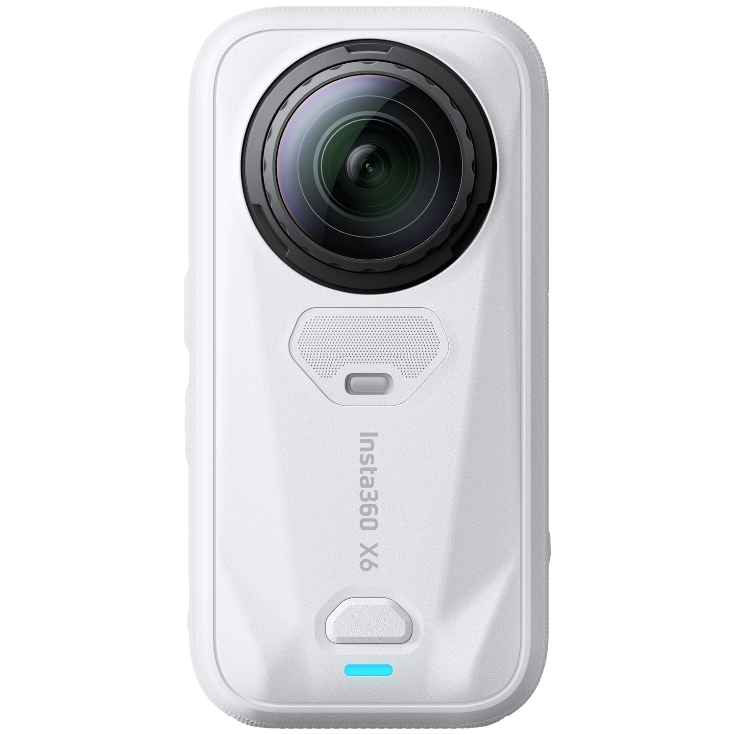 Een witte Insta360 X6 actiecamera met een grote cirkelvormige lens en gestructureerde behuizing.