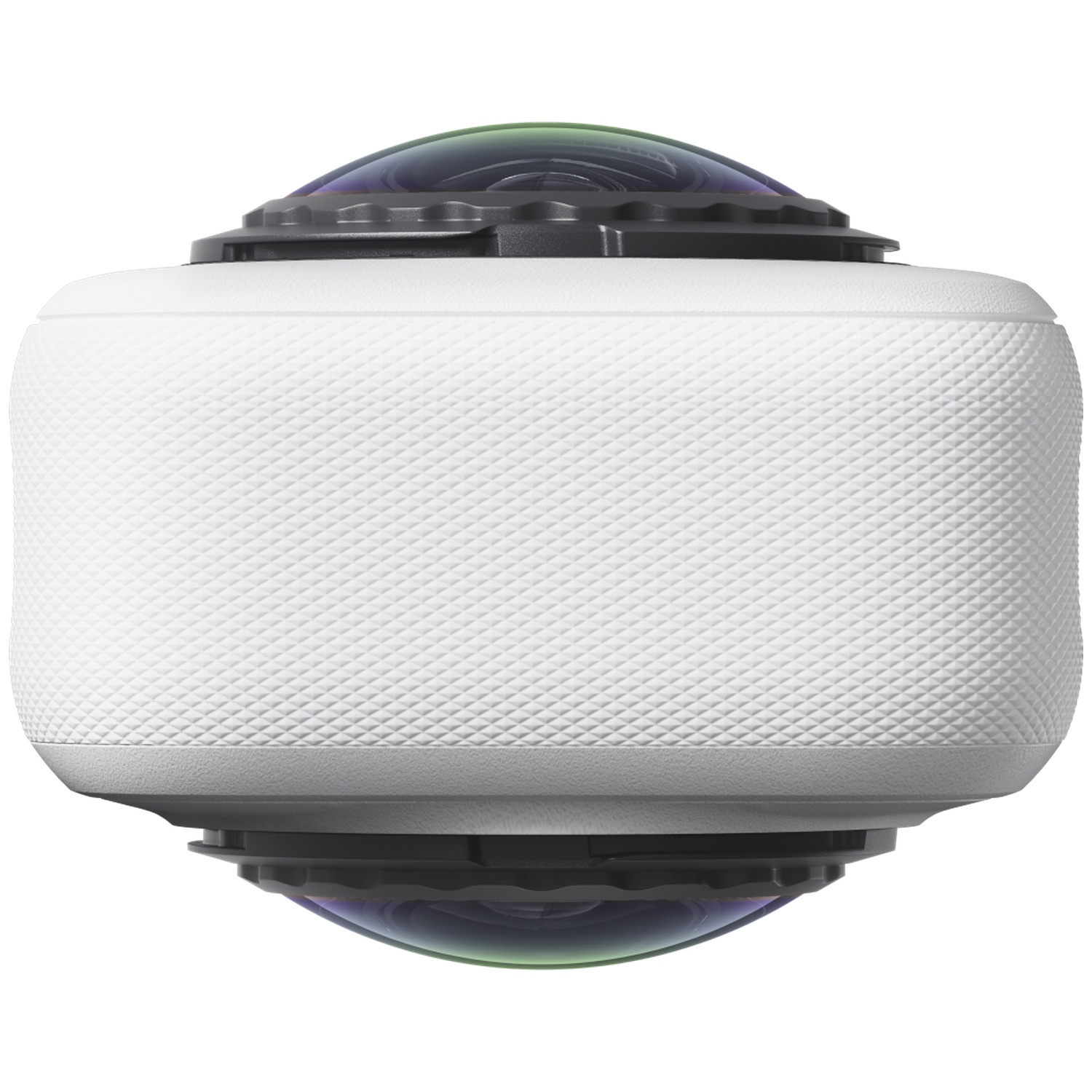 Een witte, cilindrische 360-graden camera met een gestructureerde behuizing en fisheye-lenzen boven en onder op een witte achtergrond.