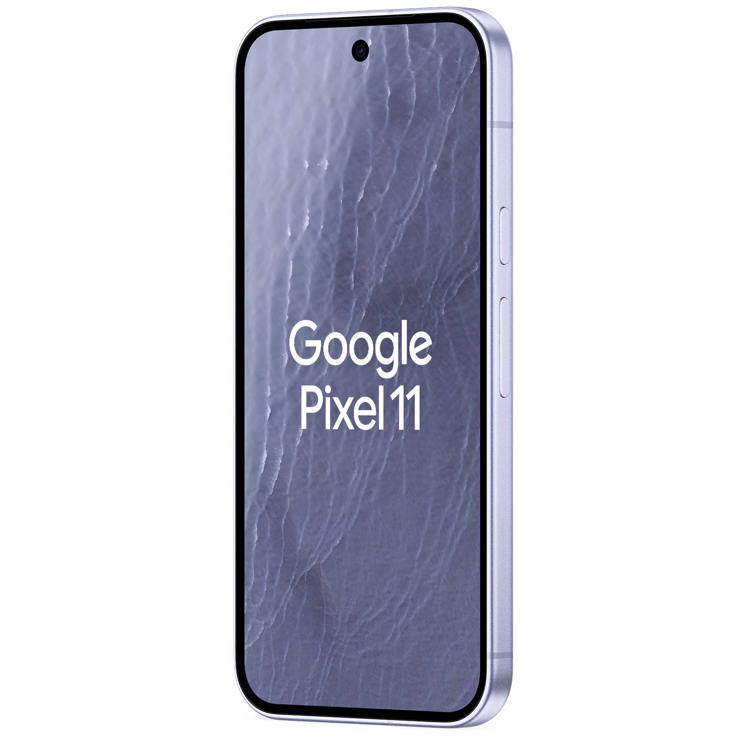 Een zilveren Google Pixel 11 smartphone toont tekst en golfpatronen op het scherm tegen een zwarte achtergrond.