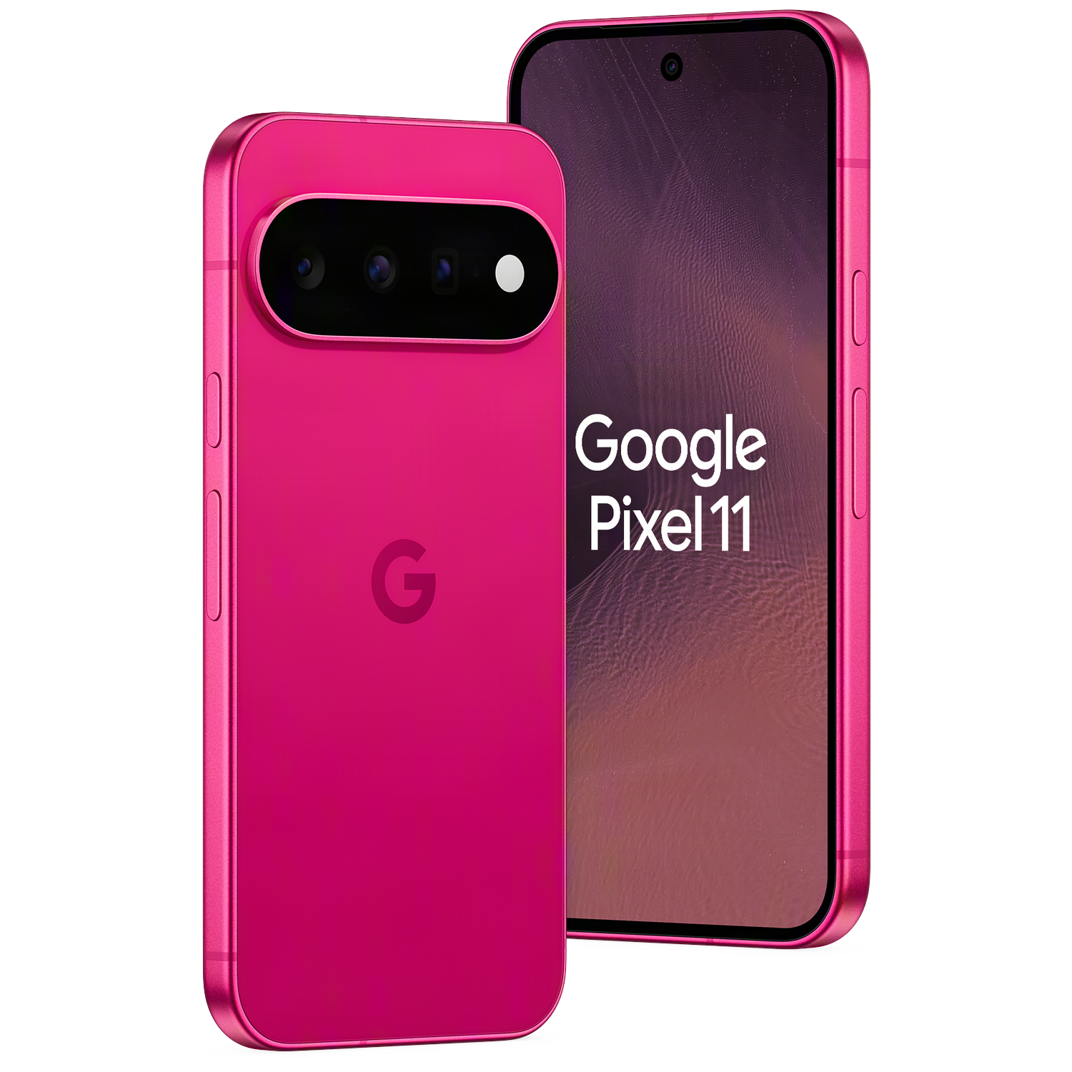 Twee roze Google Pixel 11 smartphones tegen een zwarte achtergrond, één toont de achterkant en de andere het scherm.