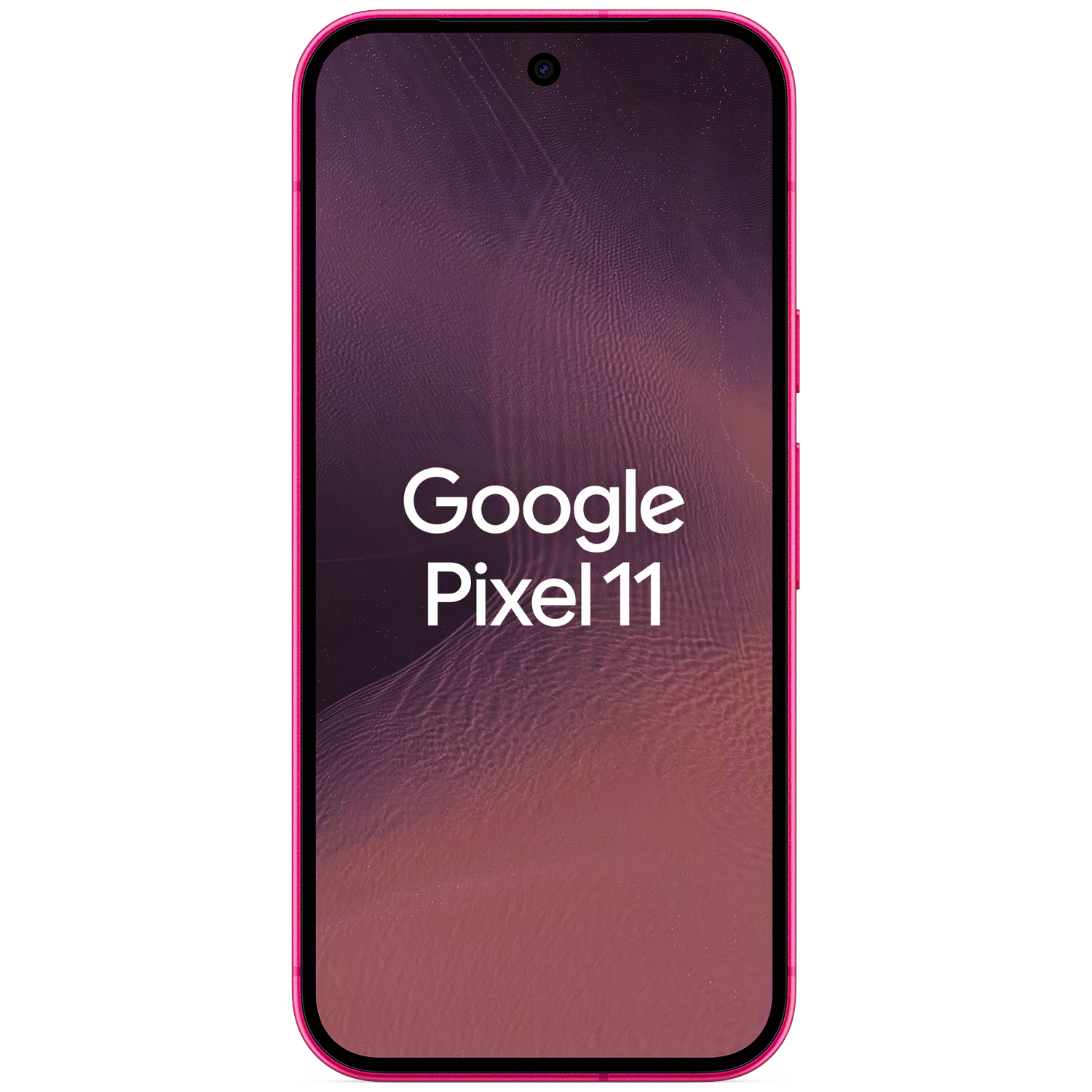 Een roze smartphone met Google Pixel 11 tekst op het scherm tegen een zwarte achtergrond.