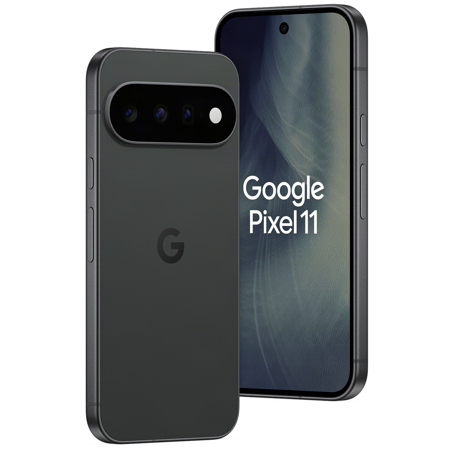 Twee grijze Google Pixel 11-smartphones tegen een zwarte achtergrond, één met de achterkant en één met het scherm.
