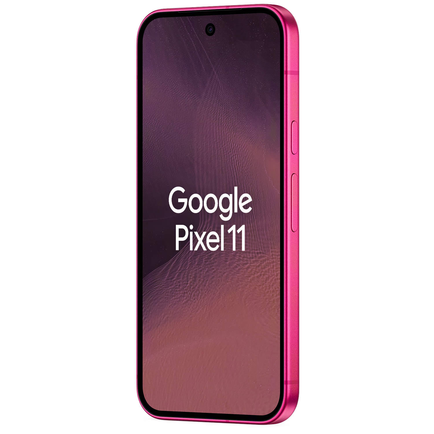 Een roze Google Pixel 11 smartphone tegen een donkere achtergrond, met 'Google Pixel 11' tekst op het scherm.