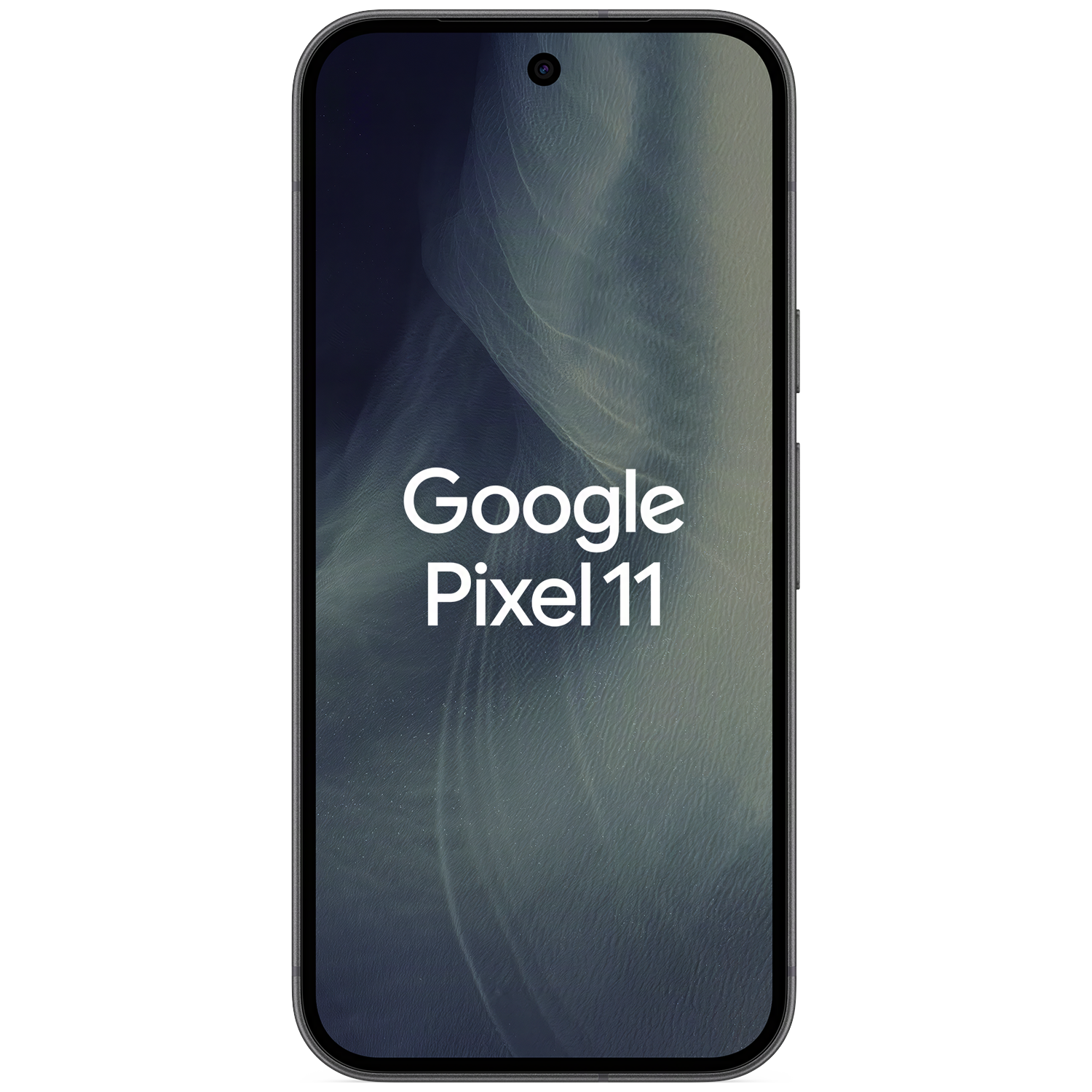 Een donkere Google Pixel 11 smartphone toont de witte tekst 'Google Pixel 11' op het scherm.