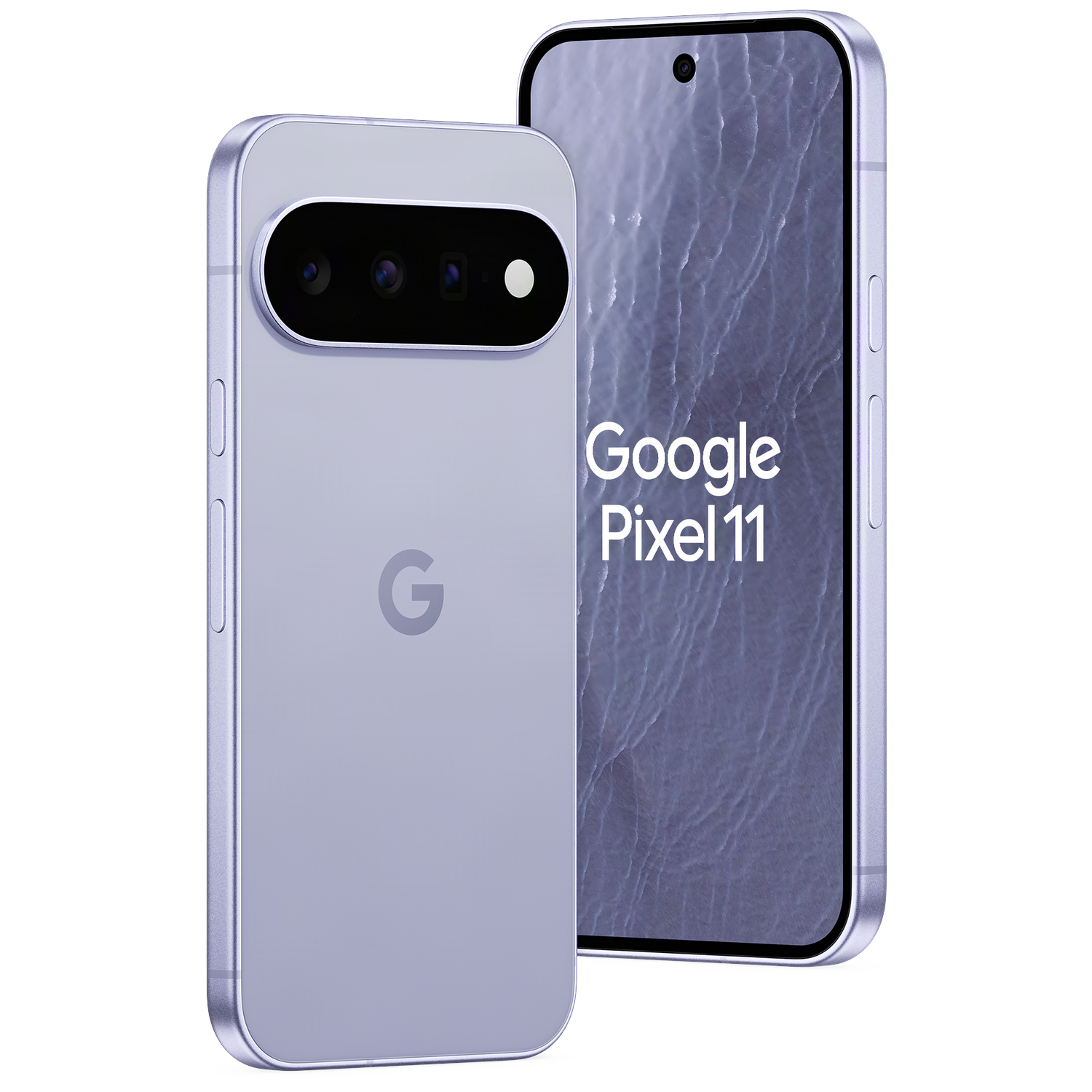 Twee lichtblauwe Google Pixel 11 smartphones tegen een zwarte achtergrond. De ene toont de achterkant, de andere de voorkant.